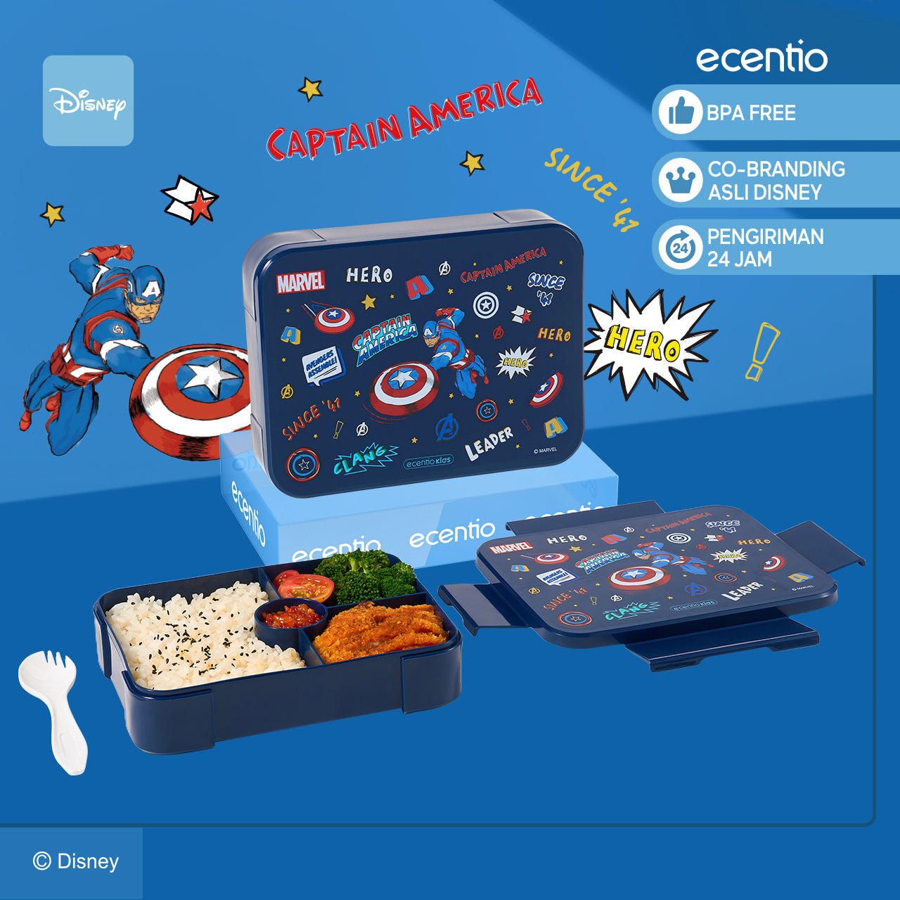 【Orignal】ecentiokids tempat makan anak Disney Elsa Marvel Captain America lucu sekolah BPA free bayi anti tumpah lunch box+botol minum anak set