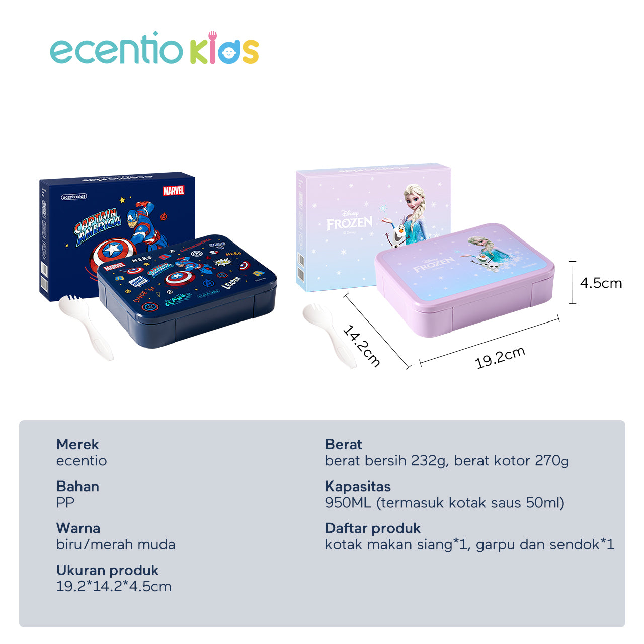 【Orignal】ecentiokids tempat makan anak Disney Elsa Marvel Captain America lucu sekolah BPA free bayi anti tumpah lunch box+botol minum anak set