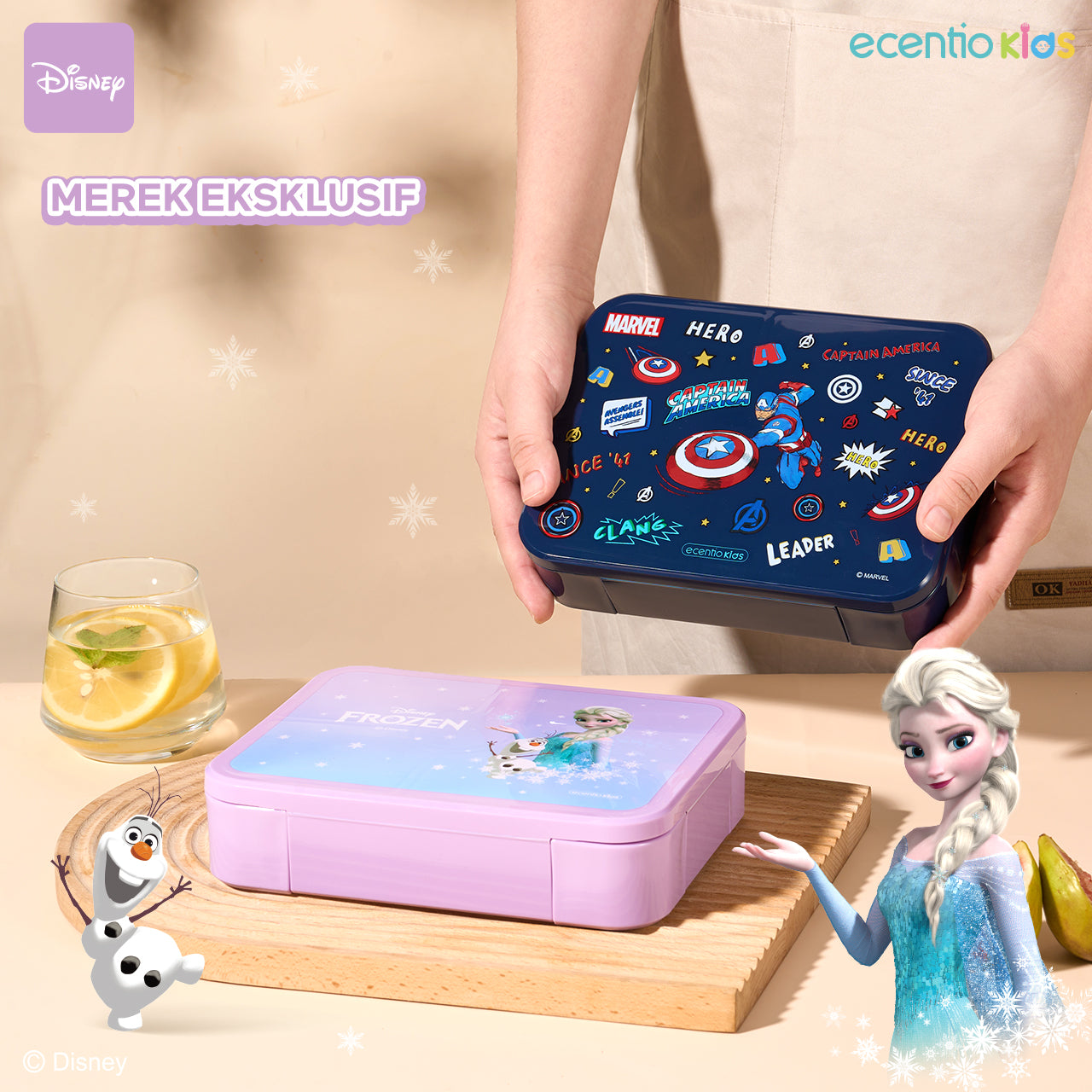 【Orignal】ecentiokids tempat makan anak Disney Elsa Marvel Captain America lucu sekolah BPA free bayi anti tumpah lunch box+botol minum anak set