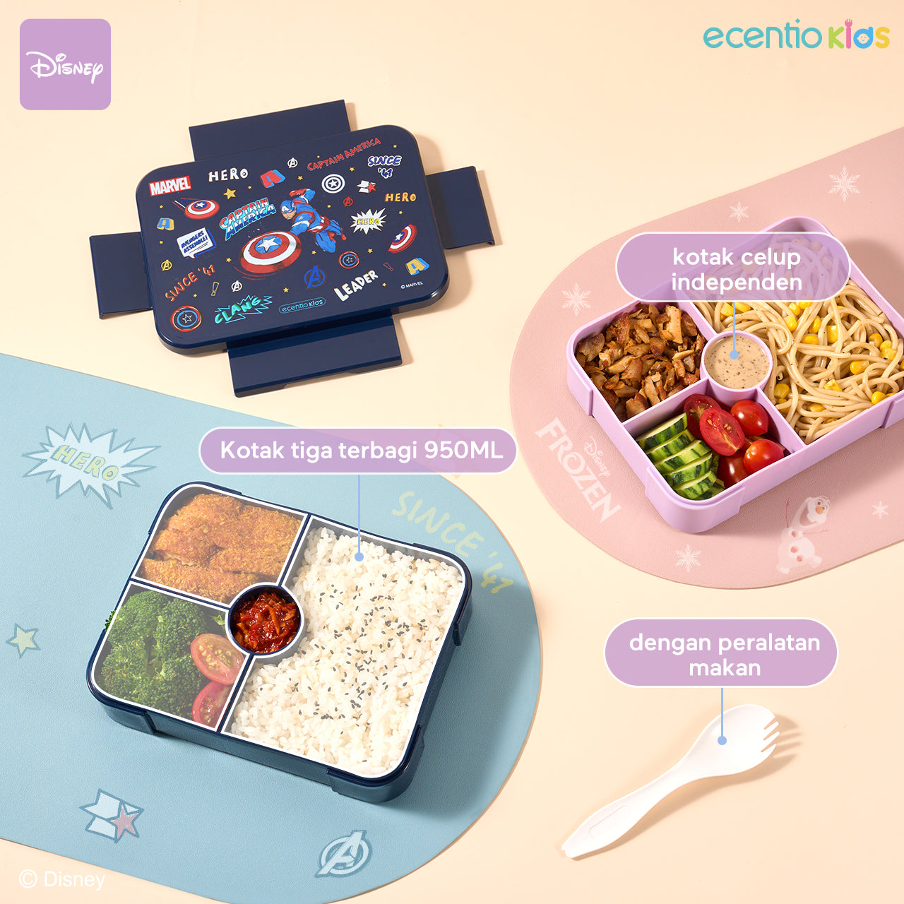 【Orignal】ecentiokids tempat makan anak Disney Elsa Marvel Captain America lucu sekolah BPA free bayi anti tumpah lunch box+botol minum anak set