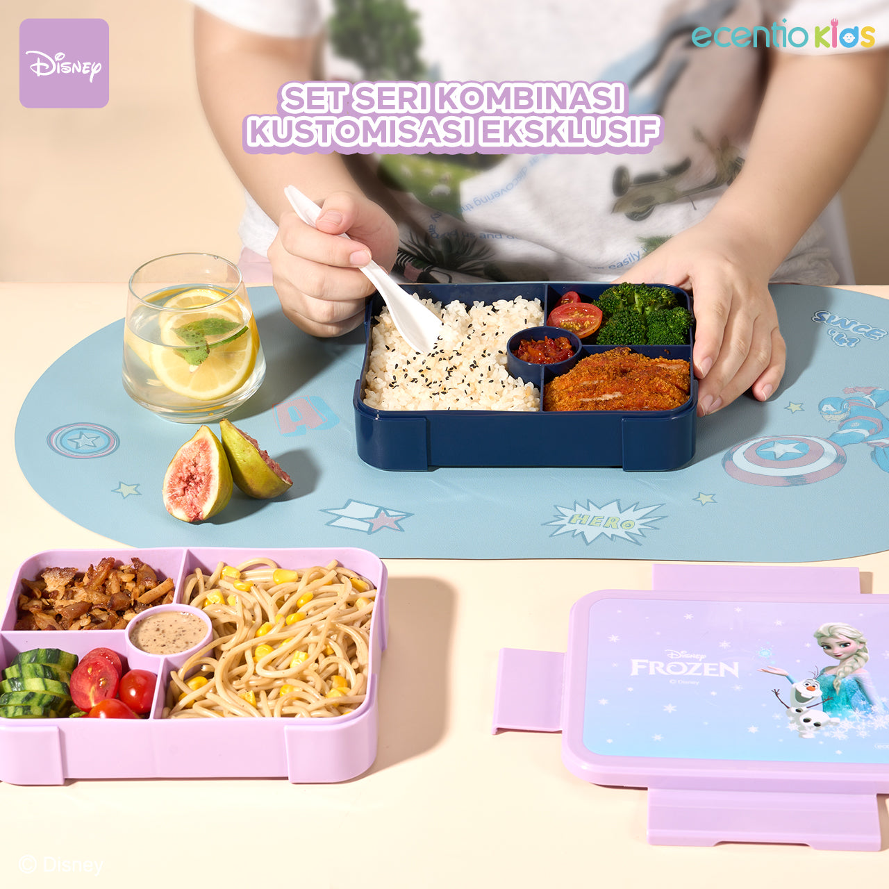【Orignal】ecentiokids tempat makan anak Disney Elsa Marvel Captain America lucu sekolah BPA free bayi anti tumpah lunch box+botol minum anak set