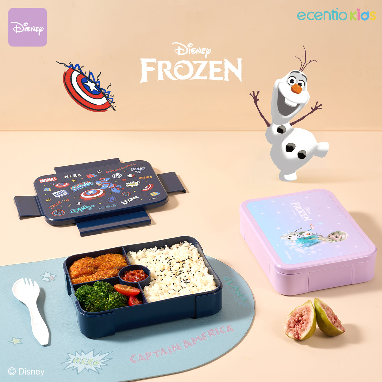 【Orignal】ecentiokids tempat makan anak Disney Elsa Marvel Captain America lucu sekolah BPA free bayi anti tumpah lunch box+botol minum anak set