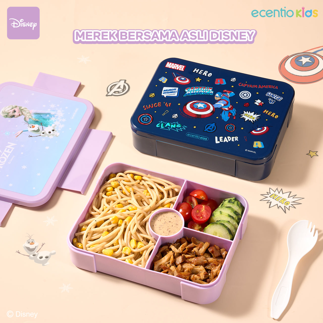 【Orignal】ecentiokids tempat makan anak Disney Elsa Marvel Captain America lucu sekolah BPA free bayi anti tumpah lunch box+botol minum anak set
