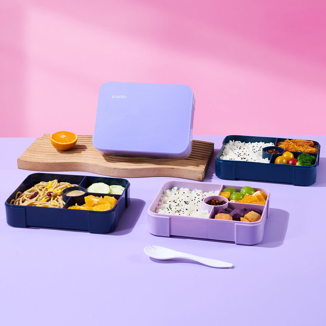 ecentio Kotak Makan Plastik lunch box 3 kompartemen Perlindungan anti bocor Desain isolasi tertutup Warna Ungu-Biru 950ml