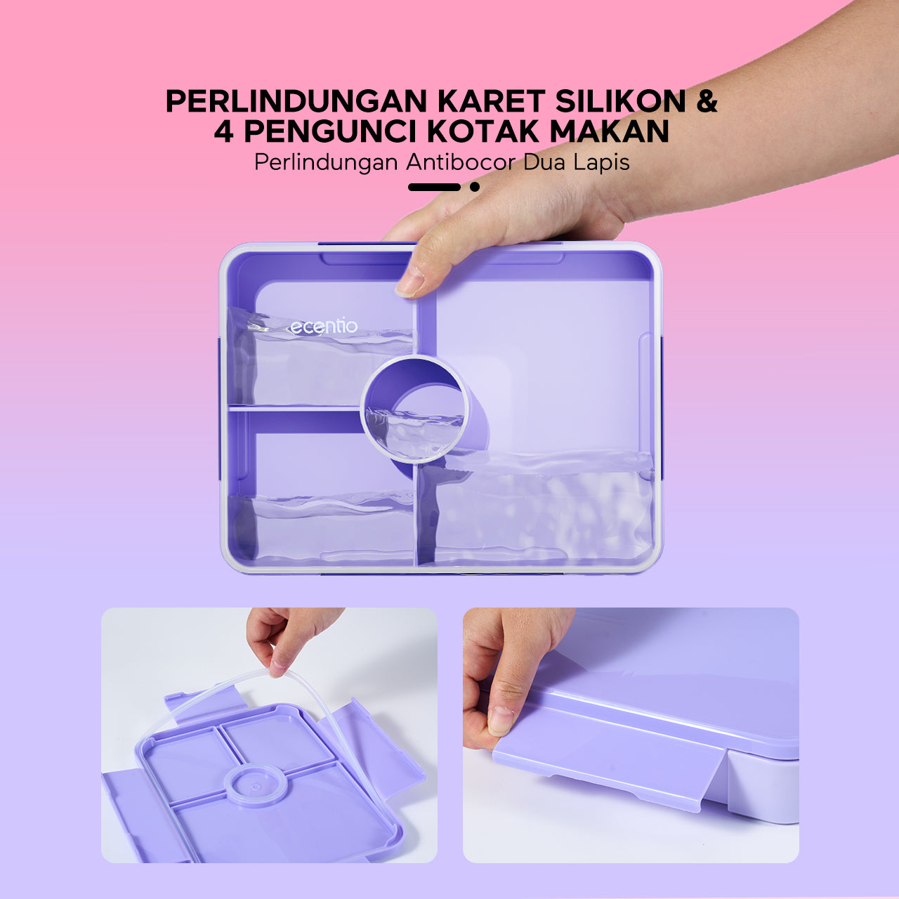 ecentio Kotak Makan Plastik lunch box 3 kompartemen Perlindungan anti bocor Desain isolasi tertutup Warna Ungu-Biru 950ml