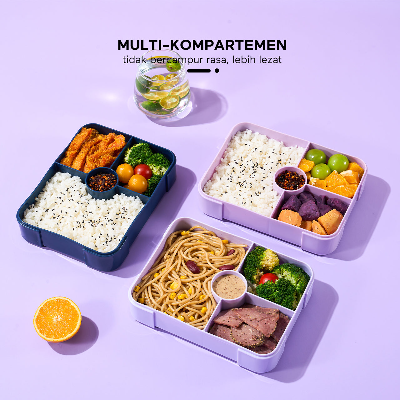 ecentio Kotak Makan Plastik lunch box 3 kompartemen Perlindungan anti bocor Desain isolasi tertutup Warna Ungu-Biru 950ml
