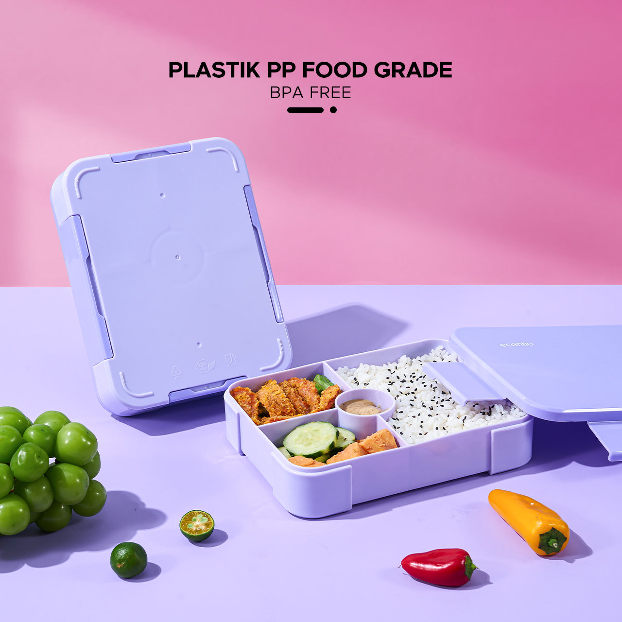 ecentio Kotak Makan Plastik lunch box 3 kompartemen Perlindungan anti bocor Desain isolasi tertutup Warna Ungu-Biru 950ml