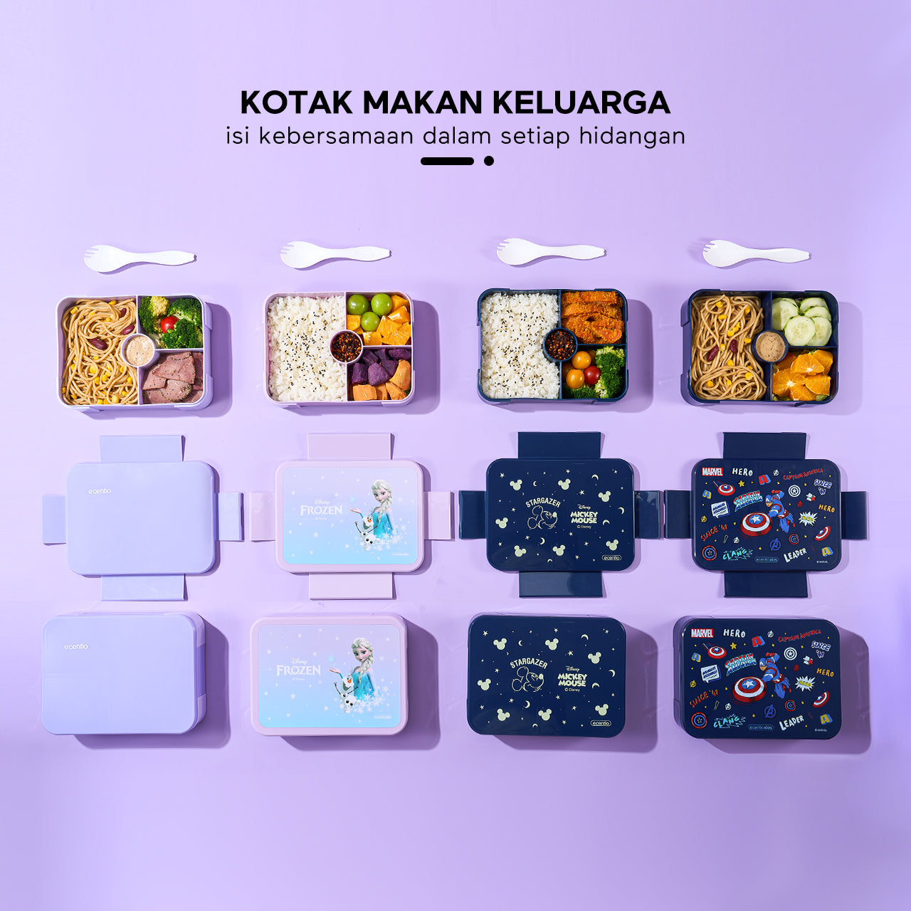 ecentio Kotak Makan Plastik lunch box 3 kompartemen Perlindungan anti bocor Desain isolasi tertutup Warna Ungu-Biru 950ml