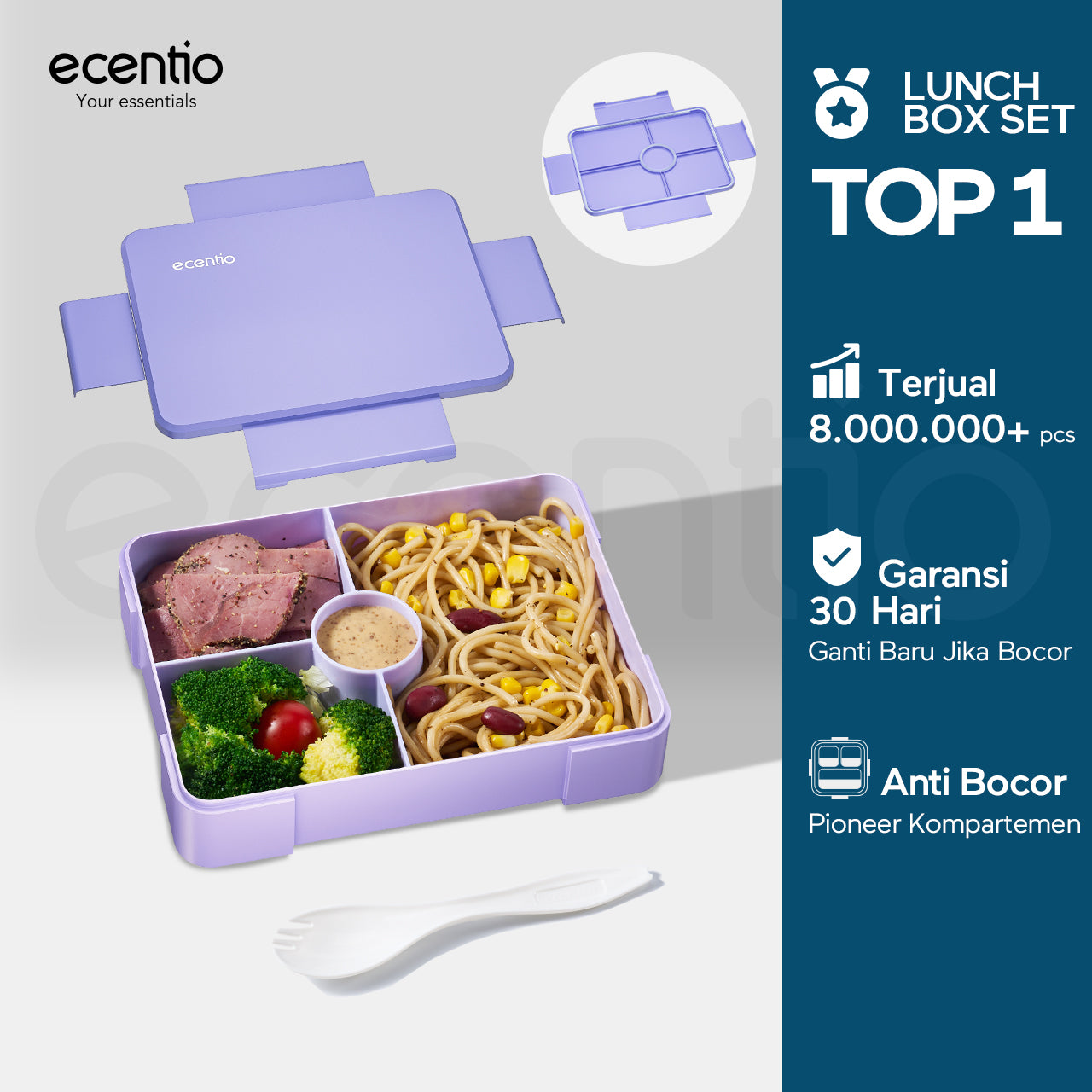 ecentio Kotak Makan Plastik lunch box 3 kompartemen Perlindungan anti bocor Desain isolasi tertutup Warna Ungu-Biru 950ml