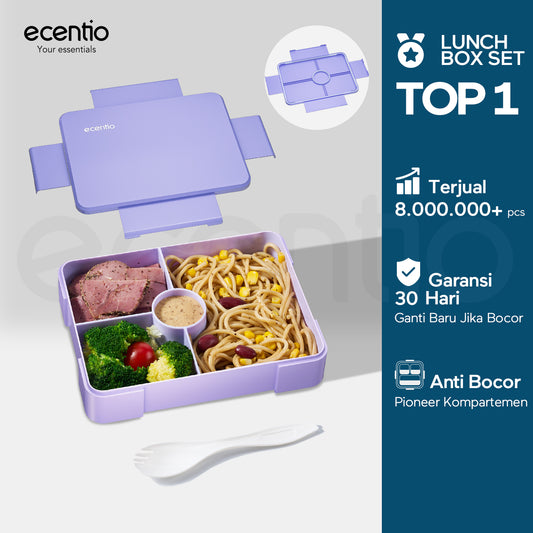 ecentio Kotak Makan Plastik lunch box 3 kompartemen Perlindungan anti bocor Desain isolasi tertutup Warna Ungu-Biru 950ml