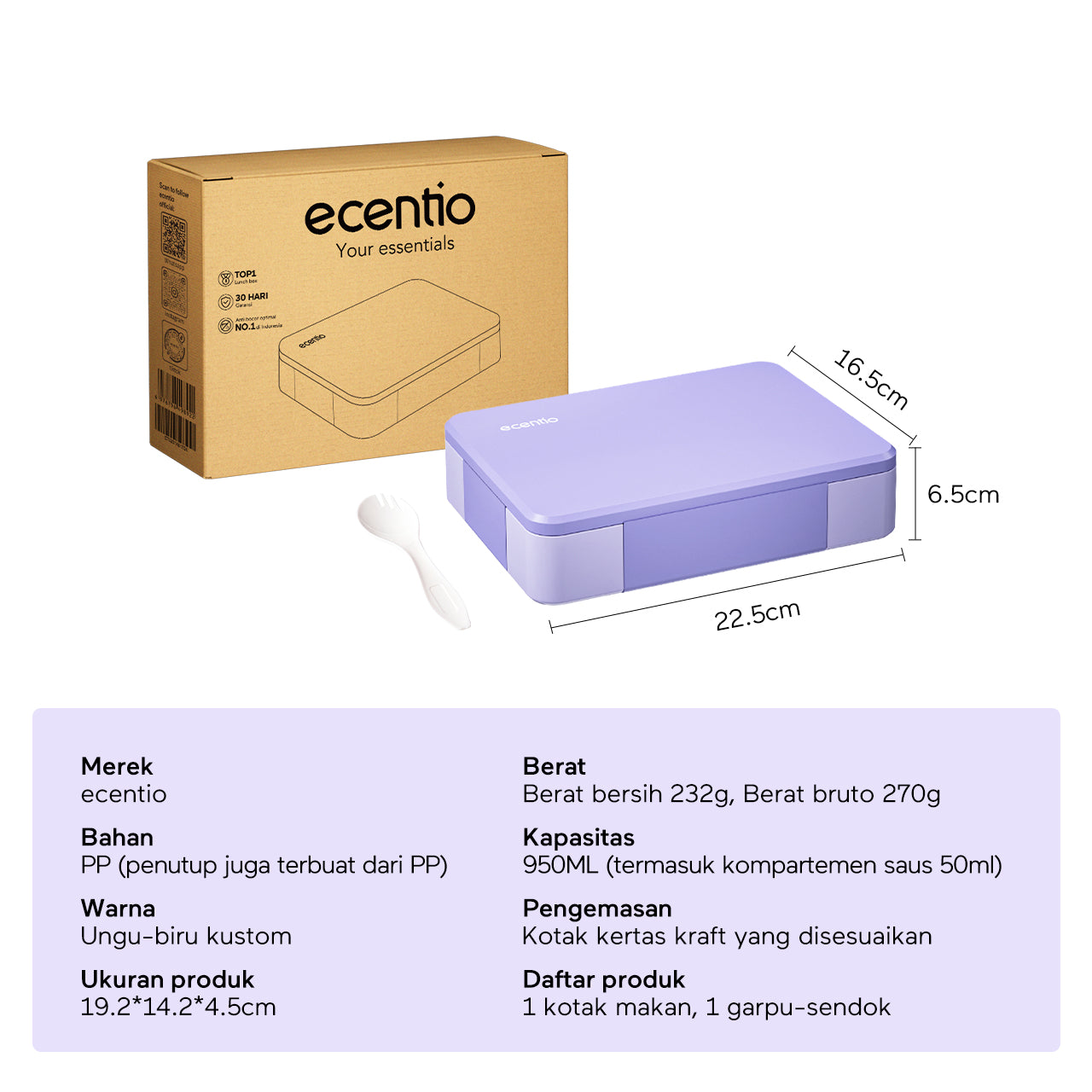 ecentio Kotak Makan Plastik lunch box 3 kompartemen Perlindungan anti bocor Desain isolasi tertutup Warna Ungu-Biru 950ml
