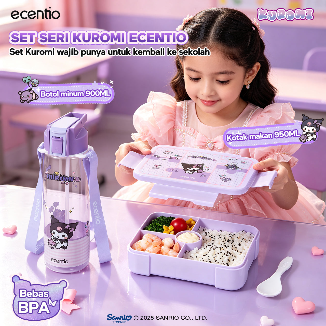 ecentio Official Kuromi Back to School Set Set Bekal Sekolah Kuromi Resmi — Lunch Box + Botol Minum + Tas Bekal
