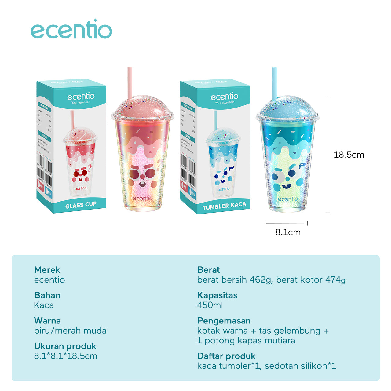 ecentio 450ml tumbler kaca sedotan aesthetic Botol Minum Water Cup Tempat Minum Botol Minum