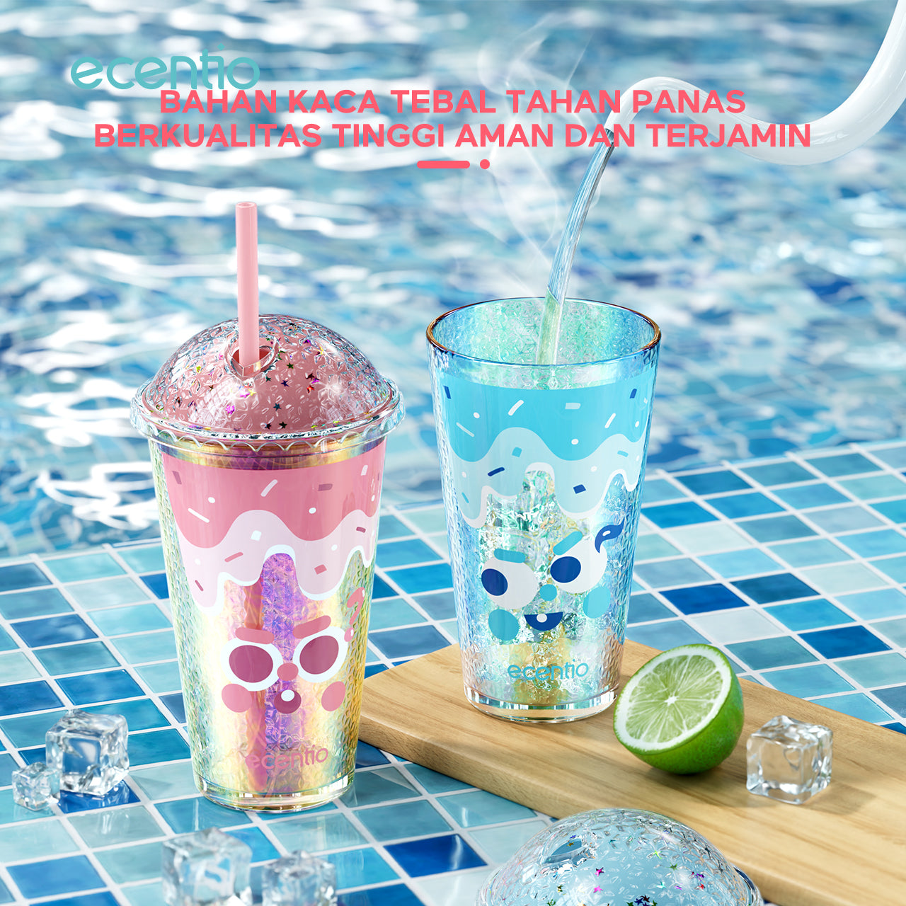 ecentio 450ml tumbler kaca sedotan aesthetic Botol Minum Water Cup Tempat Minum Botol Minum