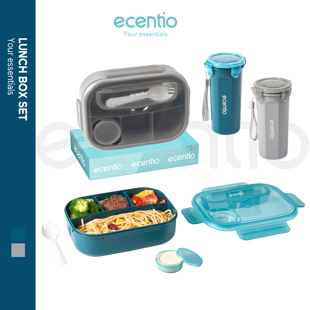 ecentio kotak bekal anti tumpah kotak tempat bekal 1200ml+500ml free sendok kotak saus BPA FREE