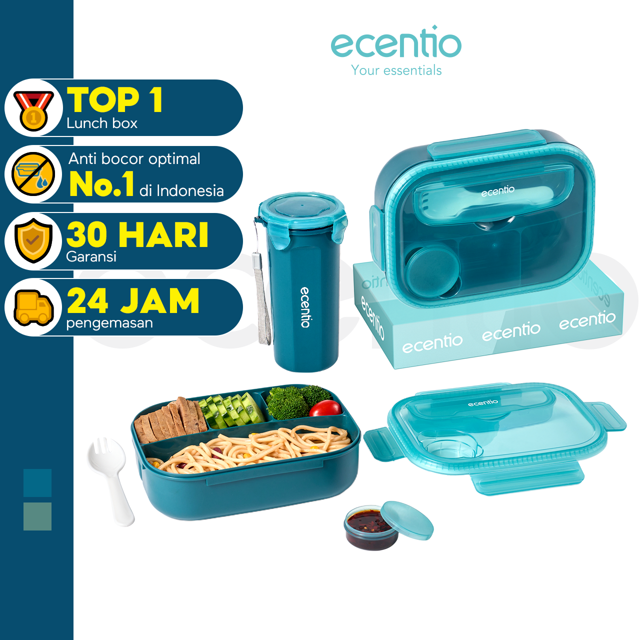 ecentio kotak bekal anti tumpah kotak tempat bekal 1200ml+500ml free sendok kotak saus BPA FREE