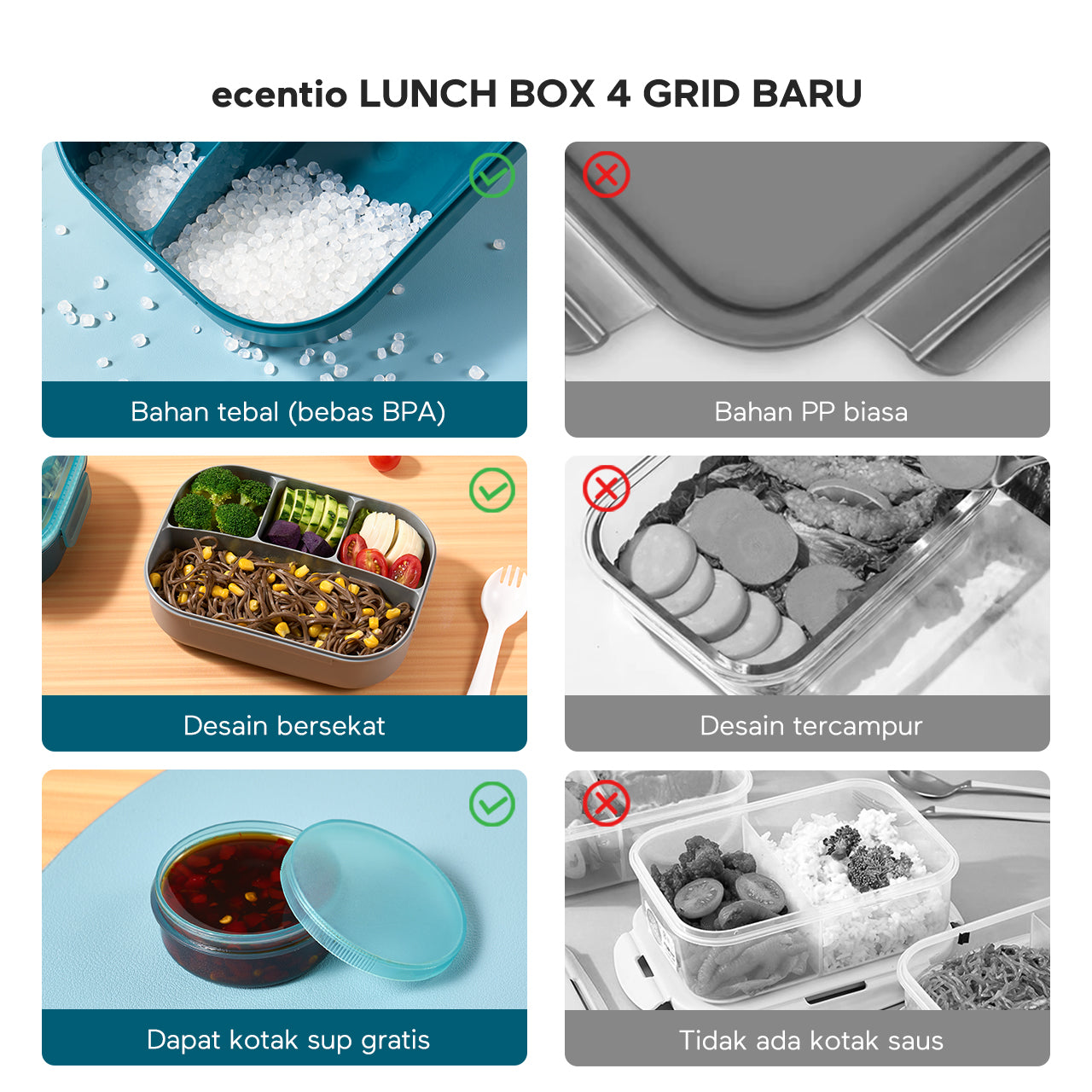 ecentio kotak bekal anti tumpah kotak tempat bekal 1200ml+500ml free sendok kotak saus BPA FREE