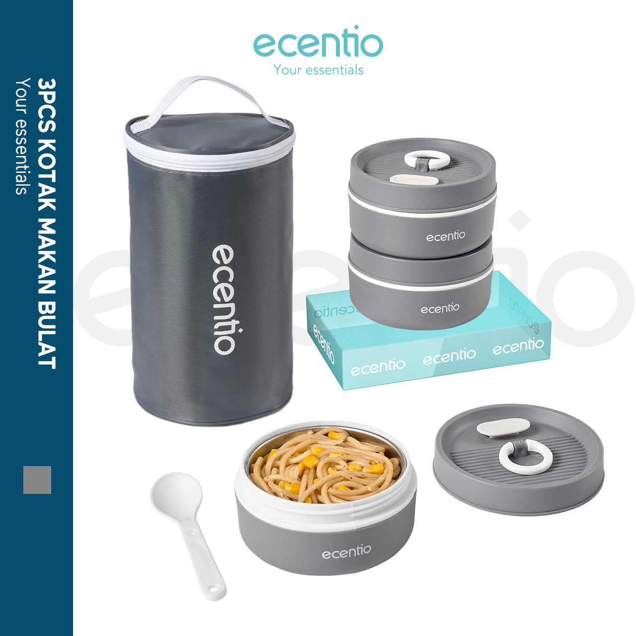ecentio lunch box tas set 3pcs Kotak Makan anti tumpah 304 Stainless Steel tas bekal