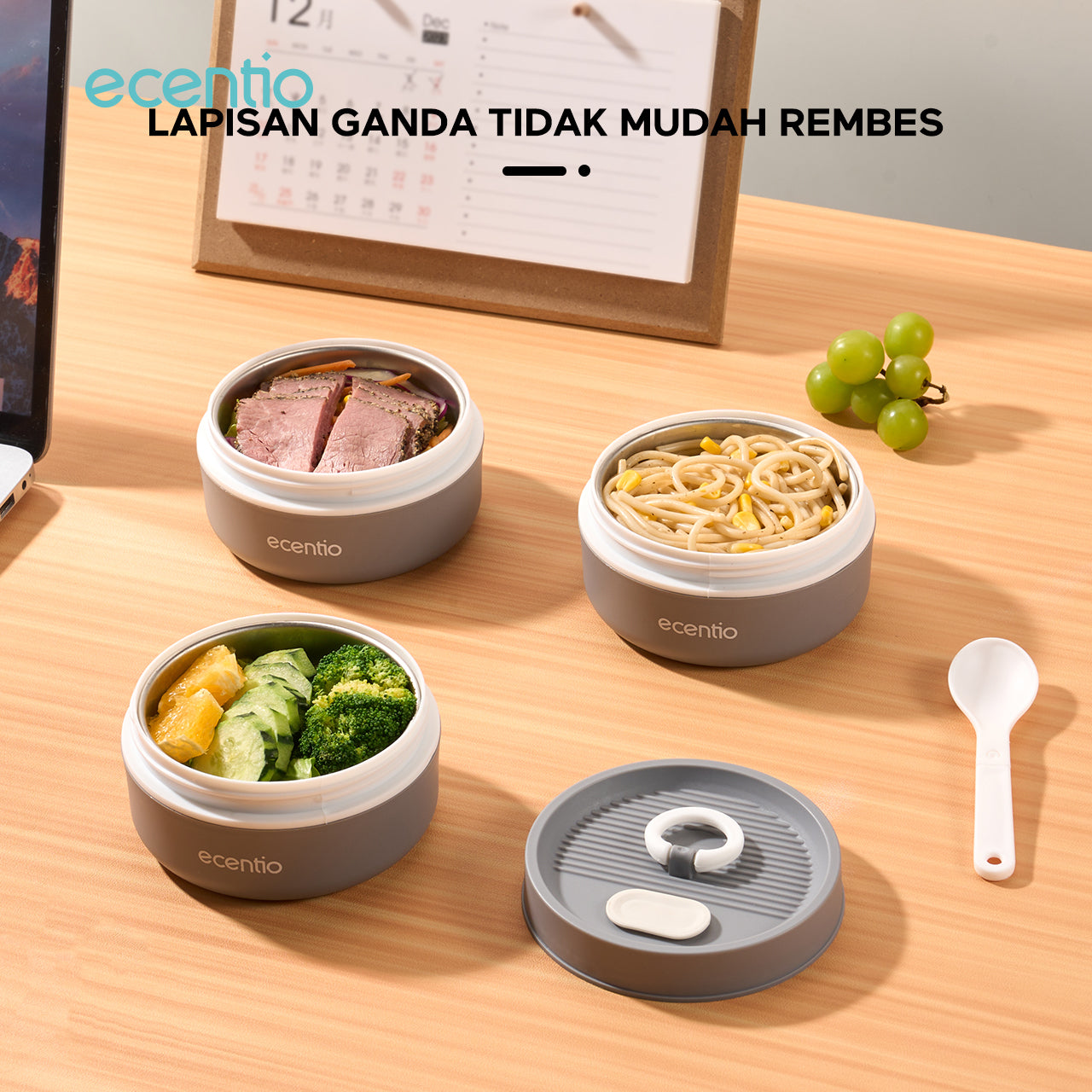 ecentio lunch box tas set 3pcs Kotak Makan anti tumpah 304 Stainless Steel tas bekal