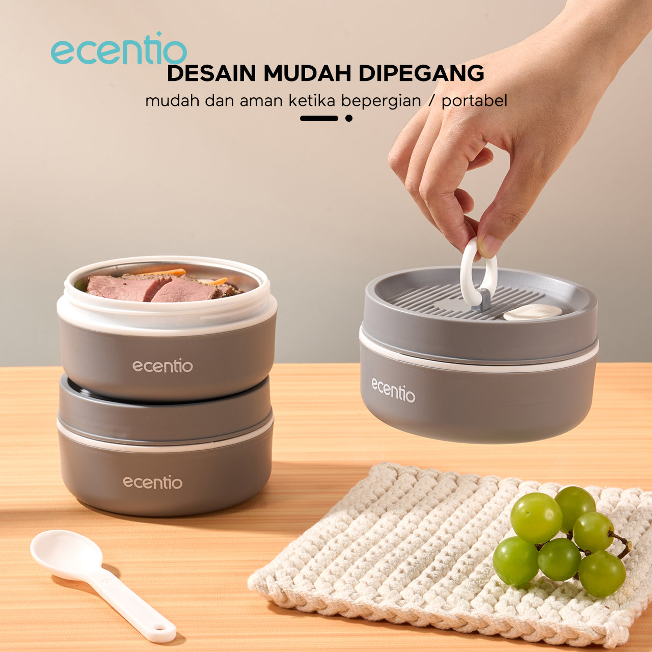 ecentio lunch box tas set 3pcs Kotak Makan anti tumpah 304 Stainless Steel tas bekal
