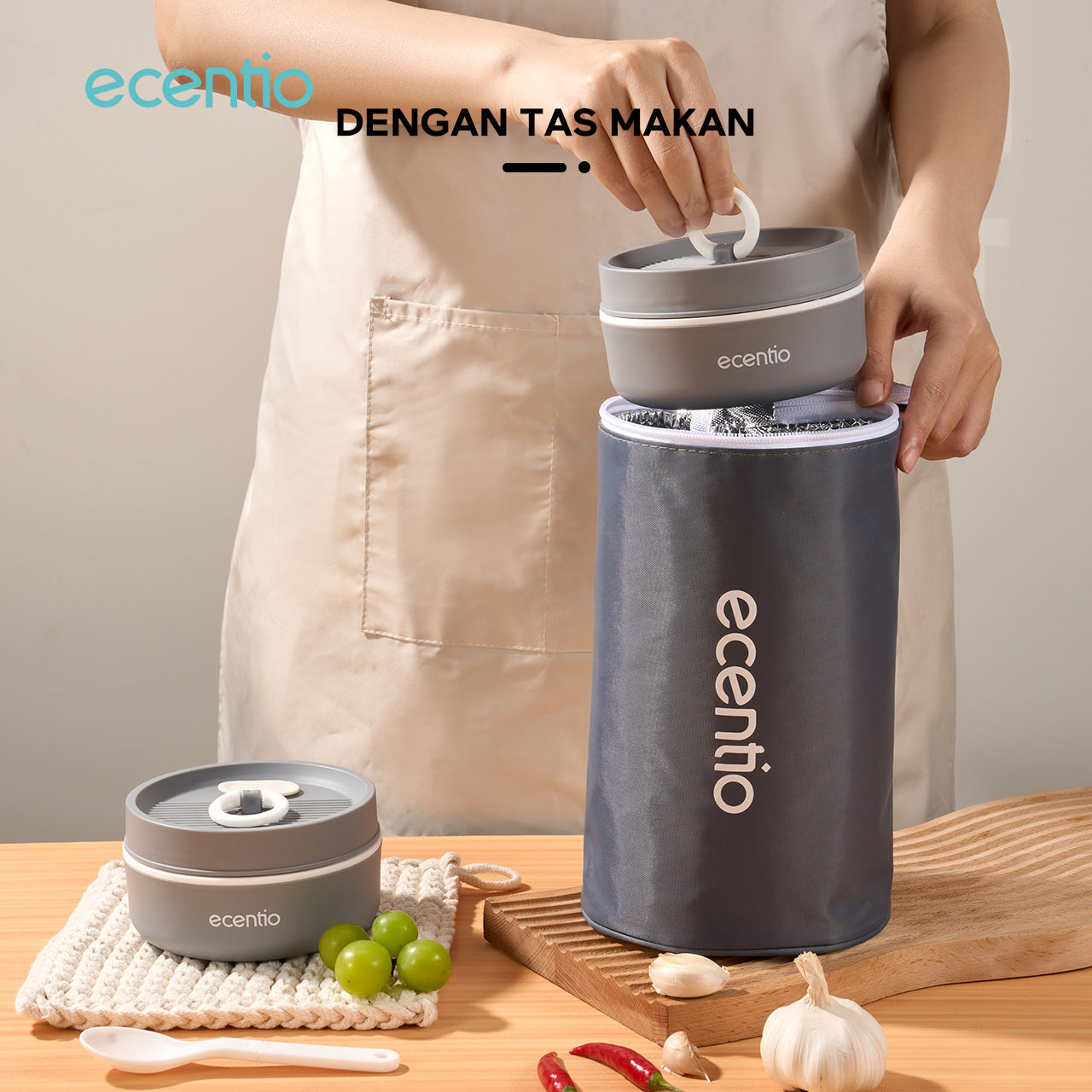 ecentio lunch box tas set 3pcs Kotak Makan anti tumpah 304 Stainless Steel tas bekal