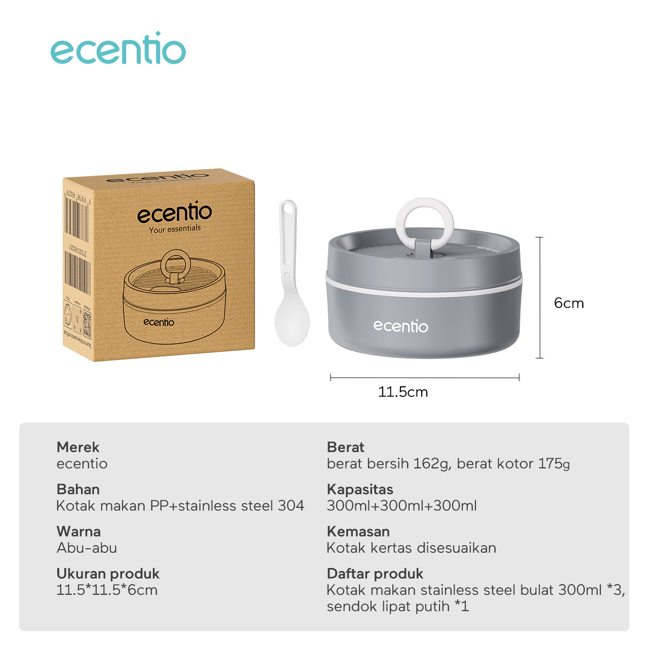 ecentio lunch box tas set 3pcs Kotak Makan anti tumpah 304 Stainless Steel tas bekal