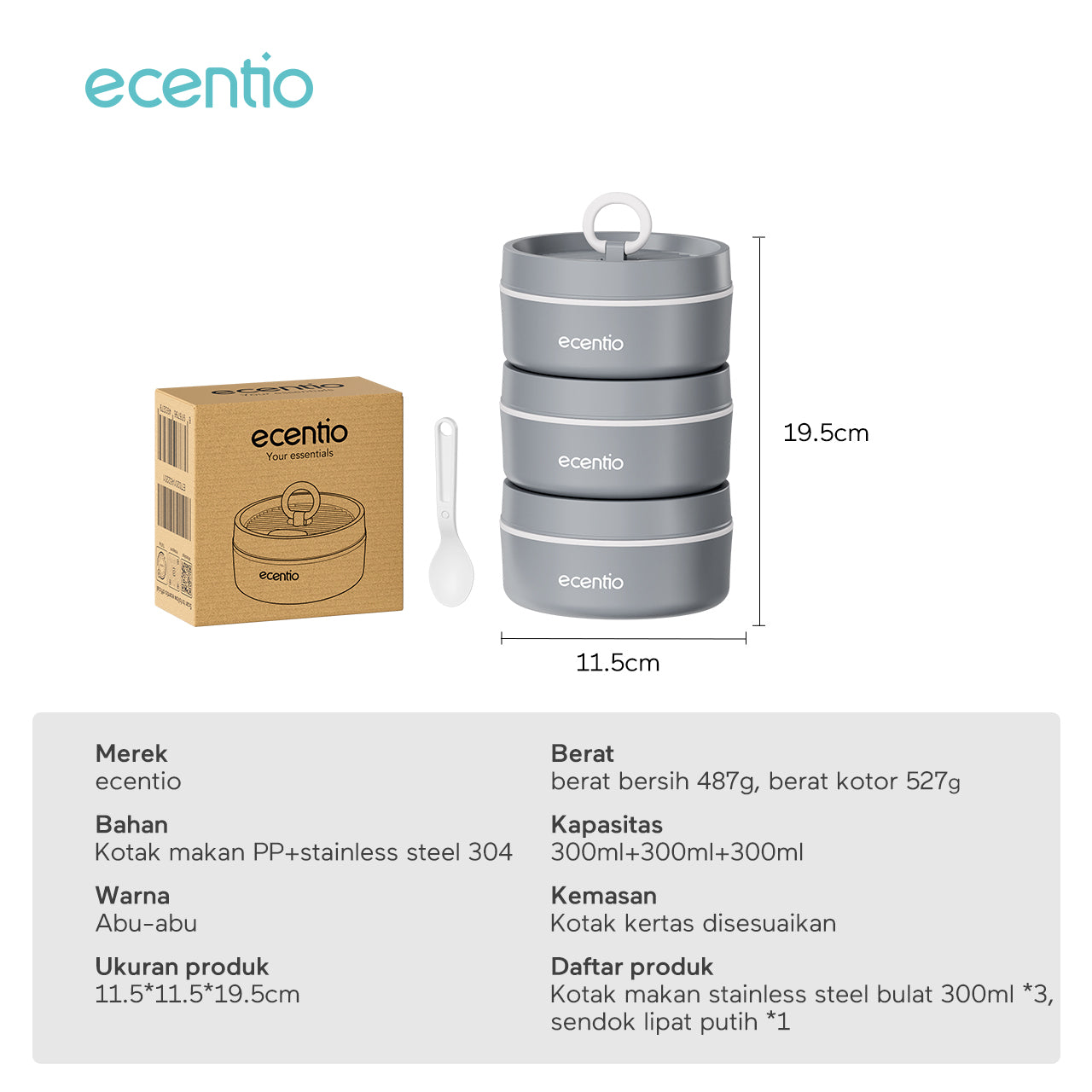 ecentio lunch box tas set 3pcs Kotak Makan anti tumpah 304 Stainless Steel tas bekal