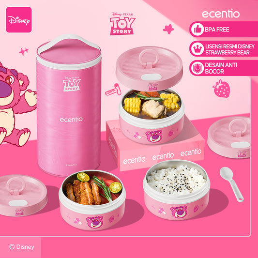 ecentio 3-pcs Kotak Makan Stainless Steel Disney Strawberry Bear — Praktis, Imut & Aman