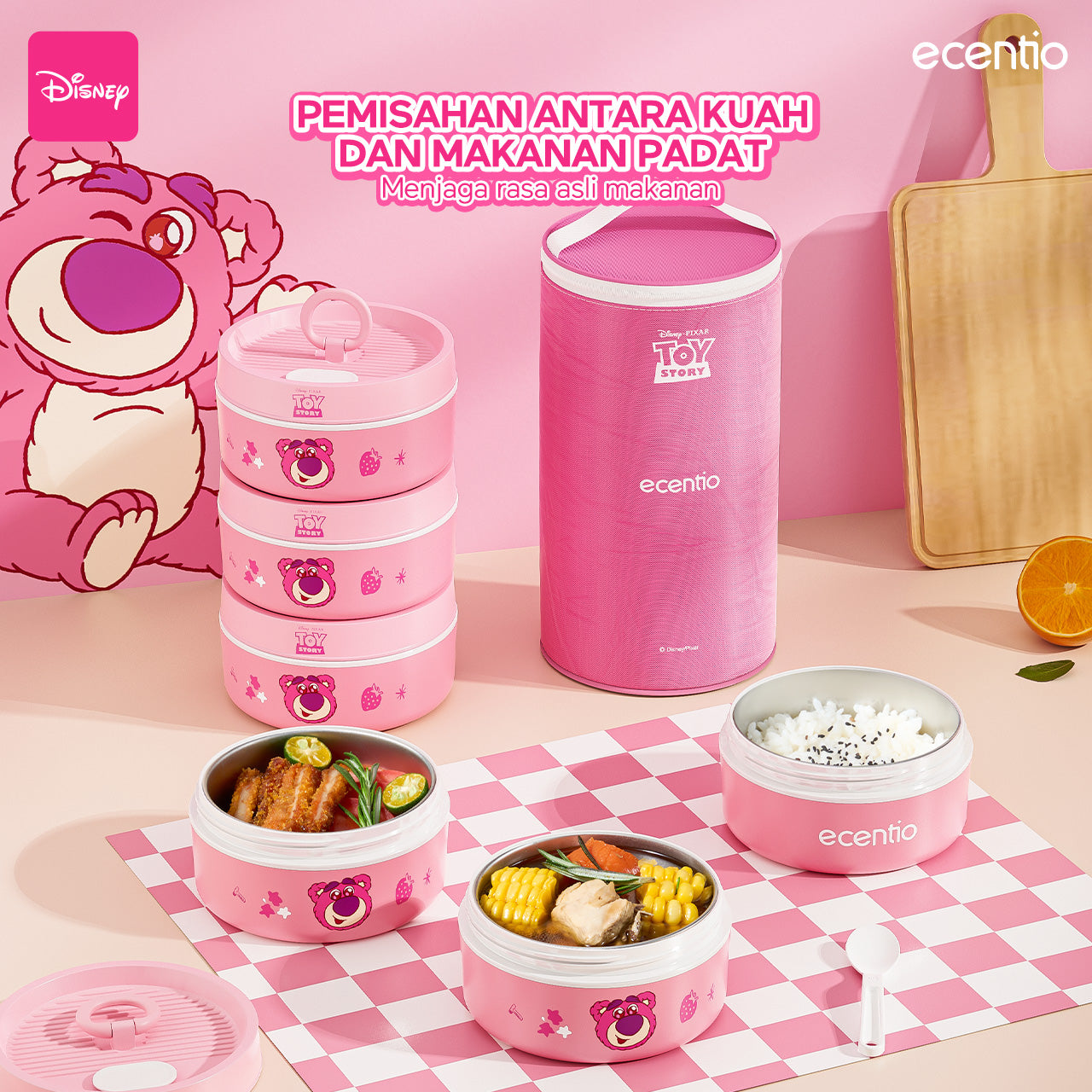 【🌟Pre-Order】ecentio 3-pcs Kotak Makan Stainless Steel Disney Strawberry Bear — Praktis, Imut & Aman