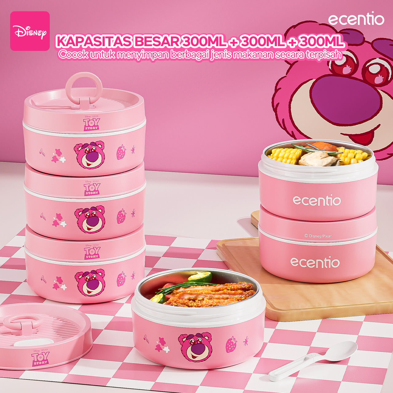 【🌟Pre-Order】ecentio 3-pcs Kotak Makan Stainless Steel Disney Strawberry Bear — Praktis, Imut & Aman