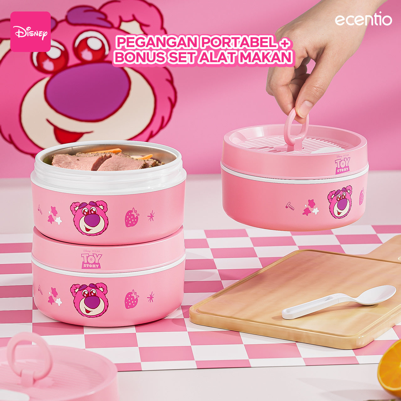 【🌟Pre-Order】ecentio 3-pcs Kotak Makan Stainless Steel Disney Strawberry Bear — Praktis, Imut & Aman