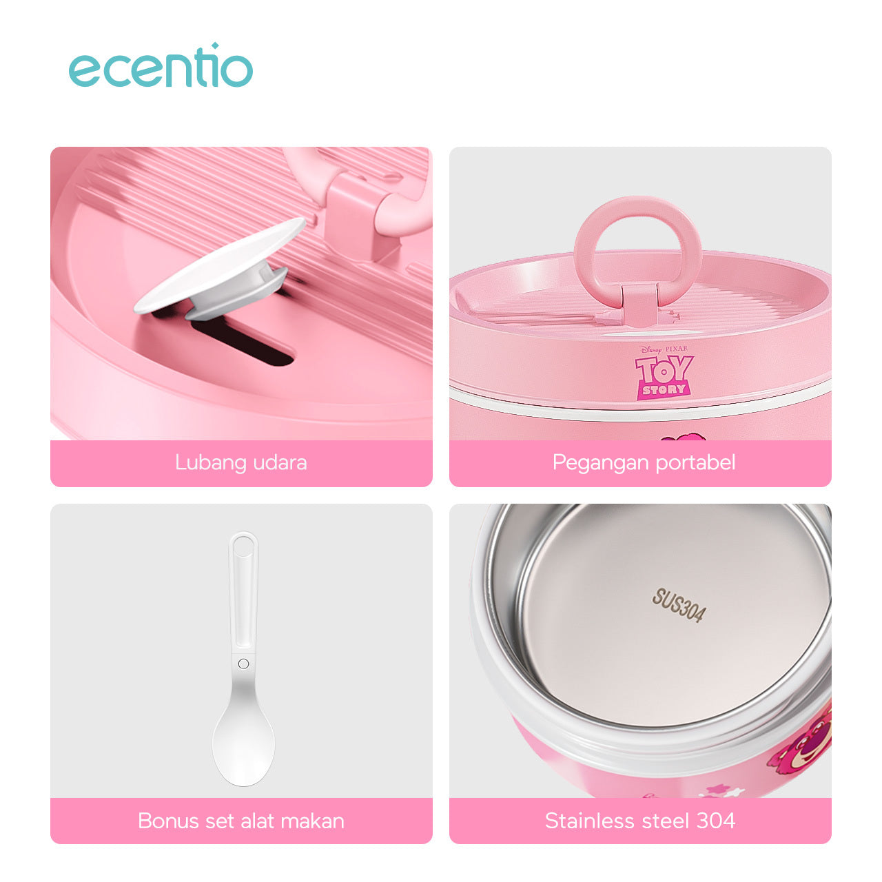 【🌟Pre-Order】ecentio 3-pcs Kotak Makan Stainless Steel Disney Strawberry Bear — Praktis, Imut & Aman