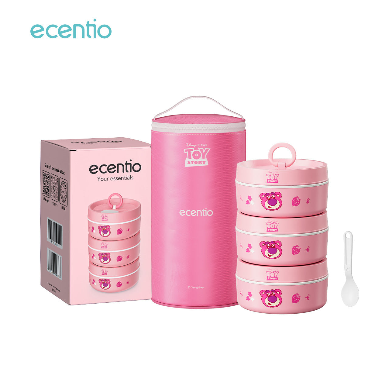 ecentio 3-pcs Kotak Makan Stainless Steel Disney Strawberry Bear — Praktis, Imut & Aman