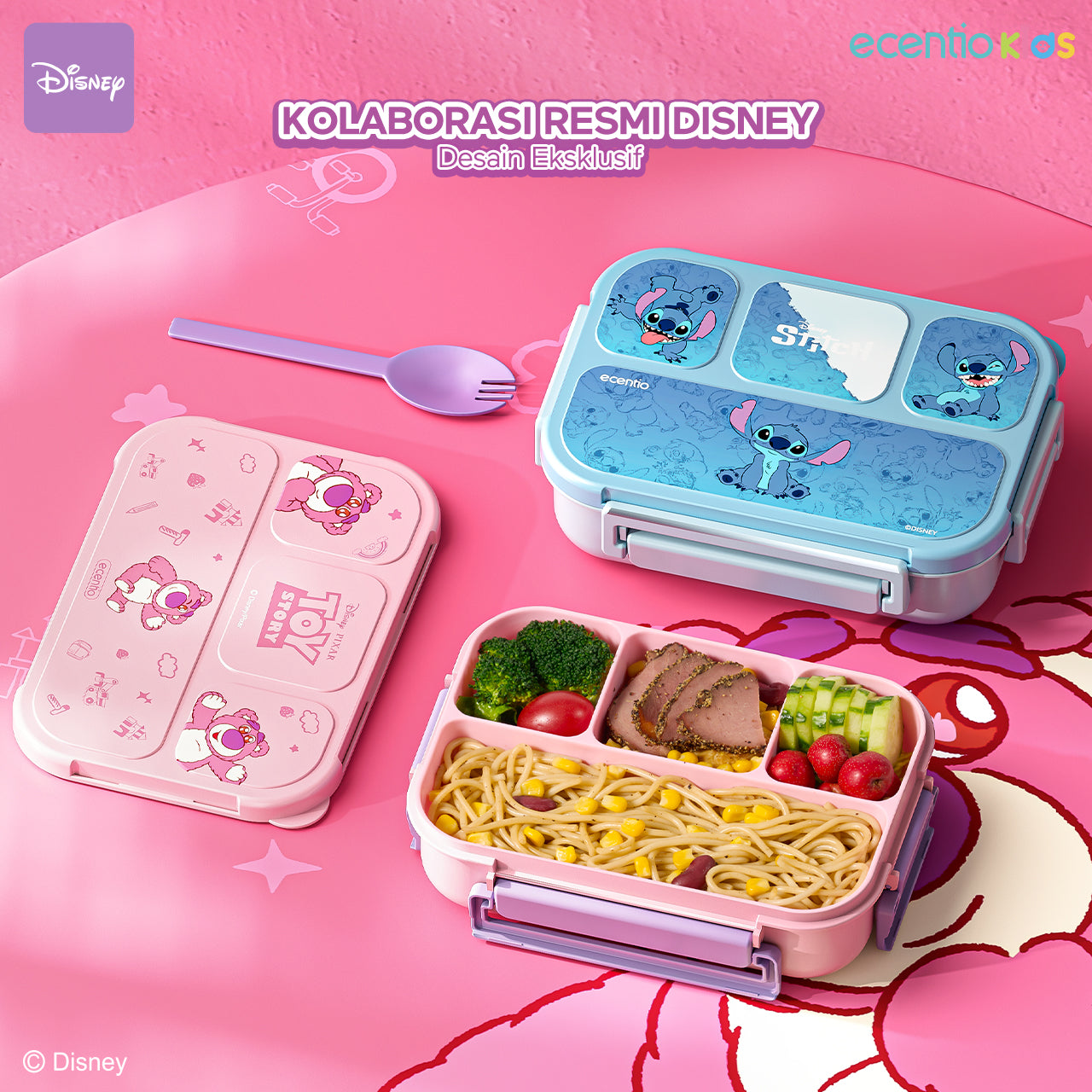 【Orignal】ecentiokids tempat makan anak Disney Lotso & Stitch lucu sekolah BPA free bayi anti tumpah lunch box