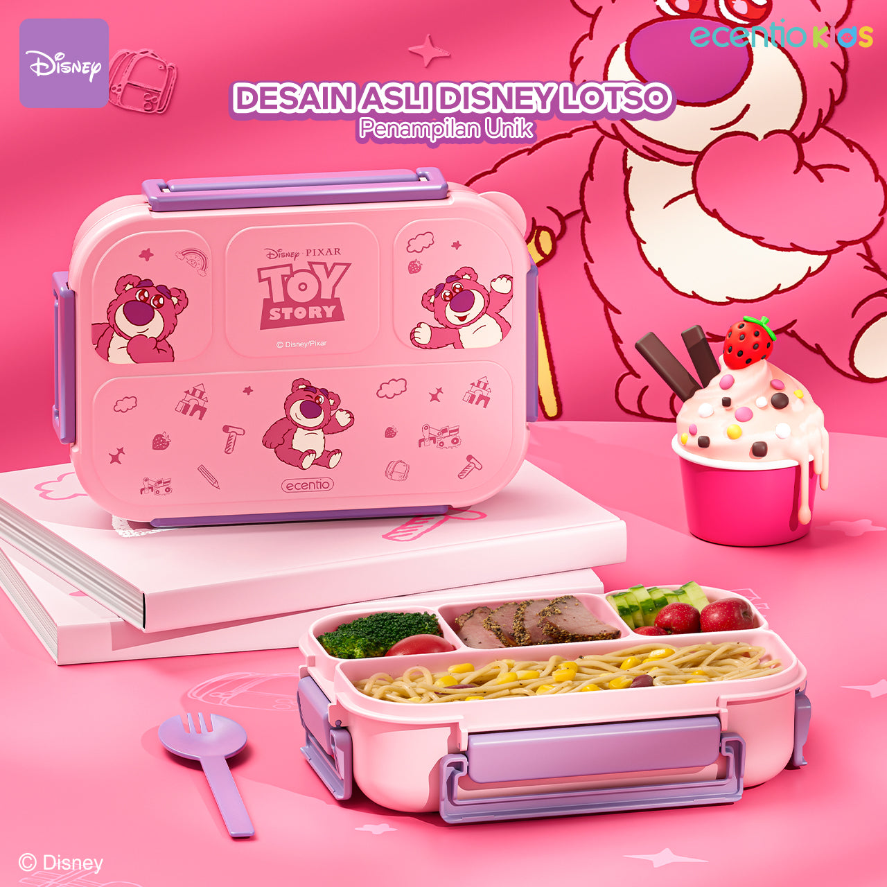 【Orignal】ecentiokids tempat makan anak Disney Lotso & Stitch lucu sekolah BPA free bayi anti tumpah lunch box
