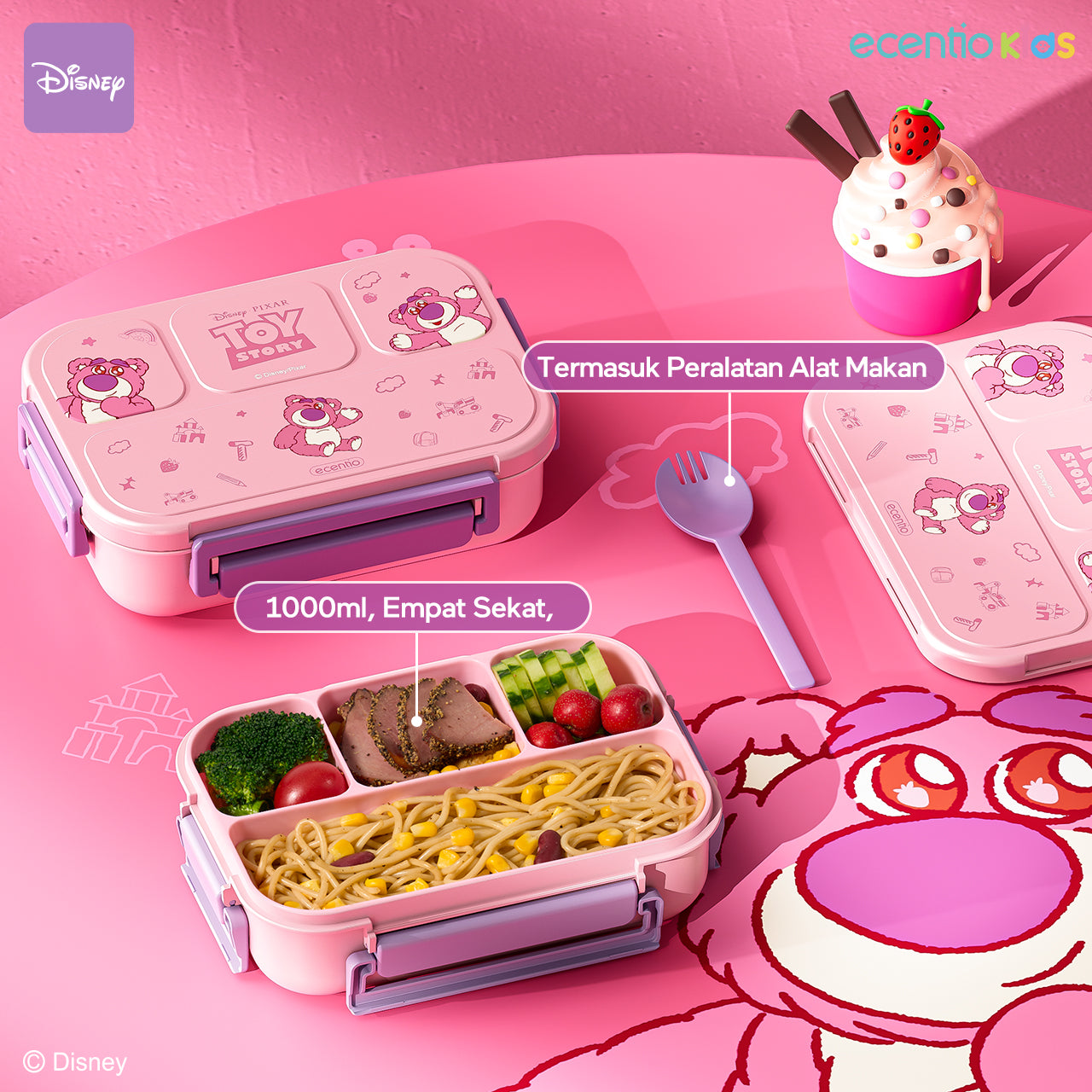 【Orignal】ecentiokids tempat makan anak Disney Lotso & Stitch lucu sekolah BPA free bayi anti tumpah lunch box
