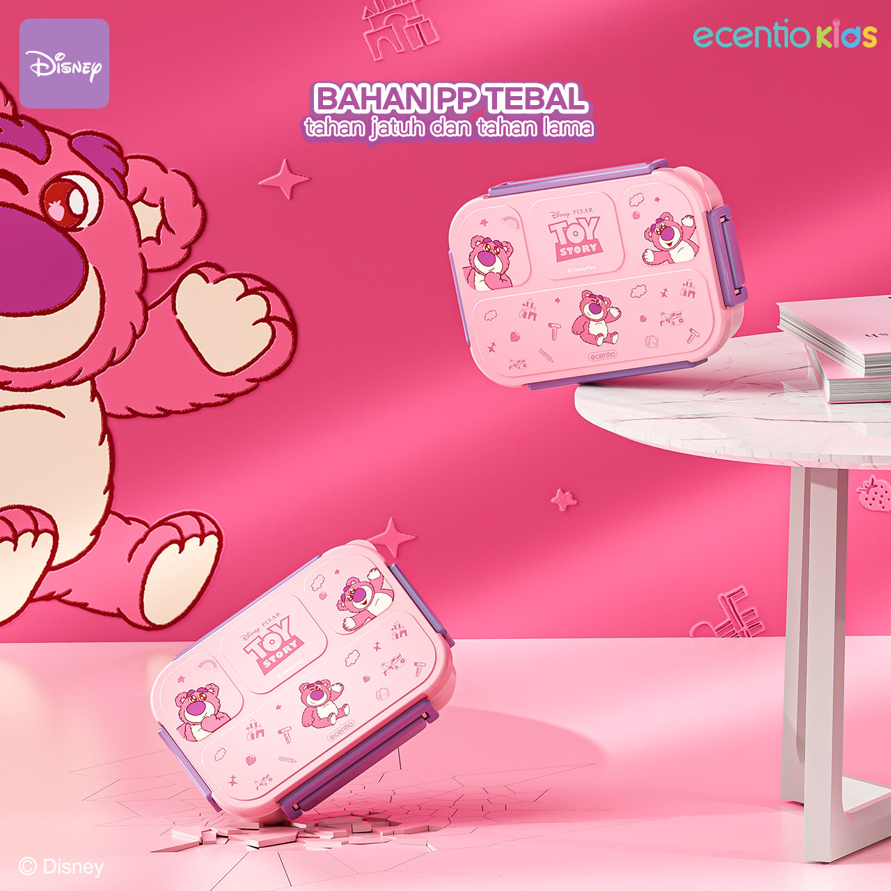 【Orignal】ecentiokids tempat makan anak Disney Lotso & Stitch lucu sekolah BPA free bayi anti tumpah lunch box