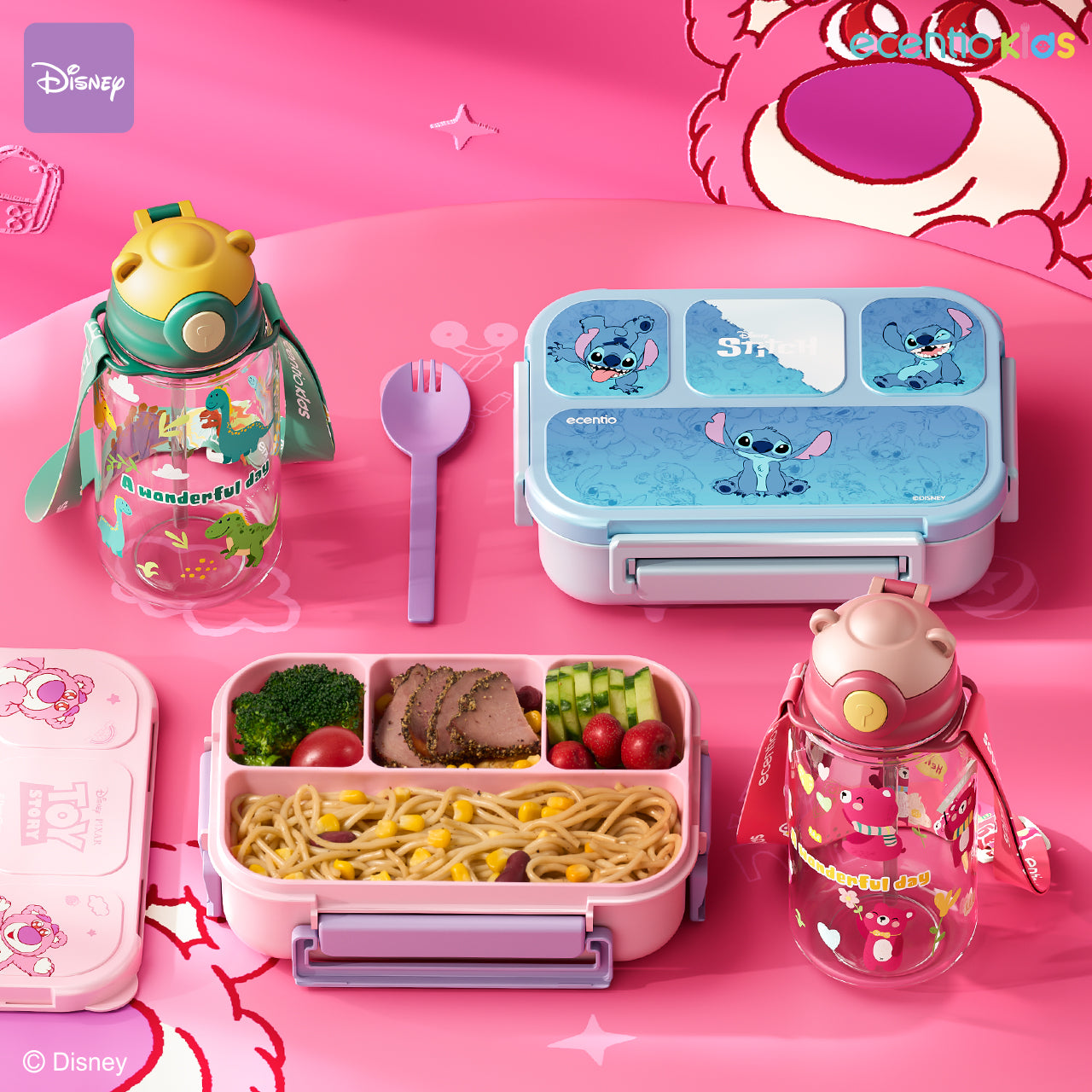 【Orignal】ecentiokids tempat makan anak Disney Lotso & Stitch lucu sekolah BPA free bayi anti tumpah lunch box