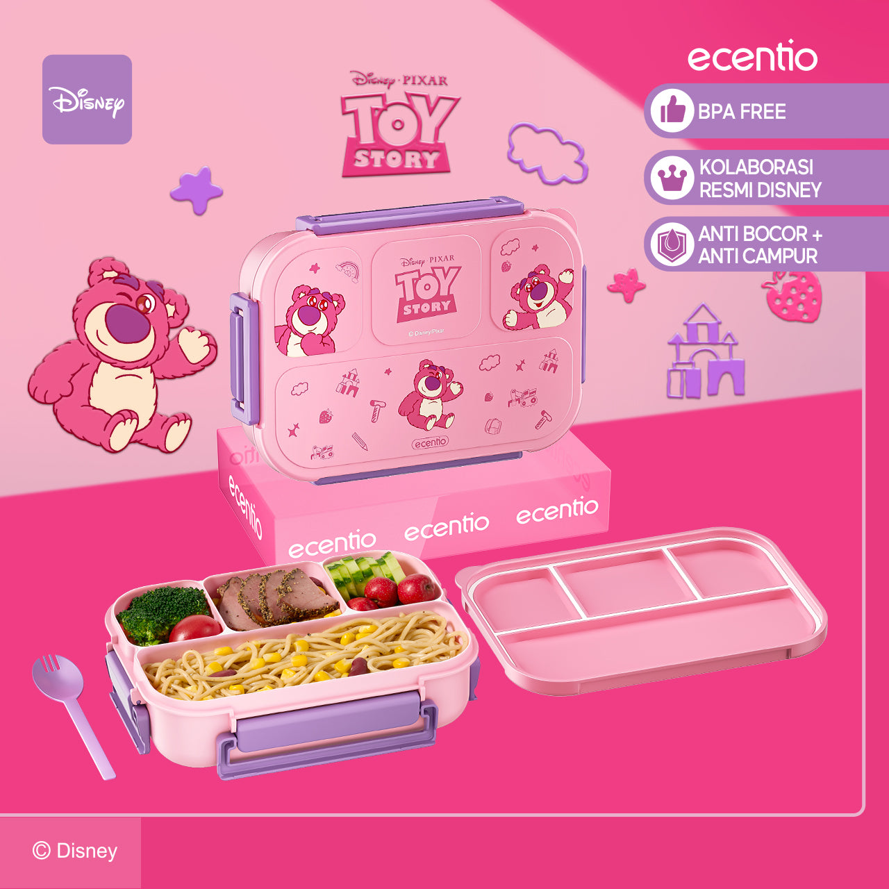 【Orignal】ecentiokids tempat makan anak Disney Lotso & Stitch lucu sekolah BPA free bayi anti tumpah lunch box