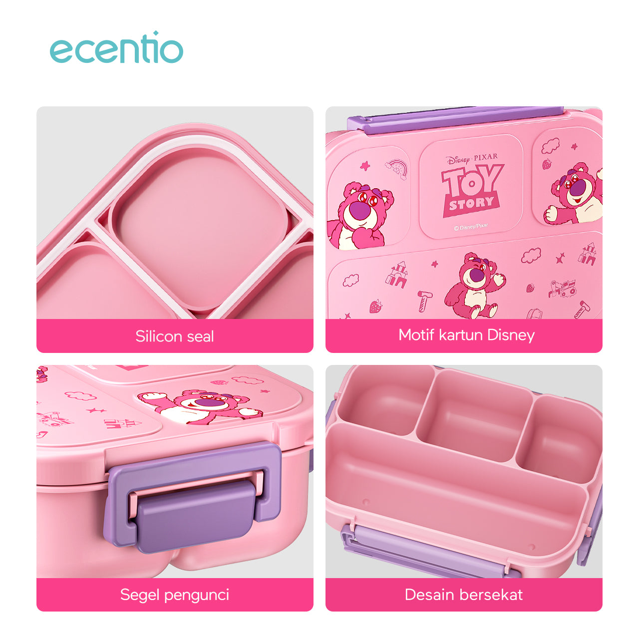 【Orignal】ecentiokids tempat makan anak Disney Lotso & Stitch lucu sekolah BPA free bayi anti tumpah lunch box
