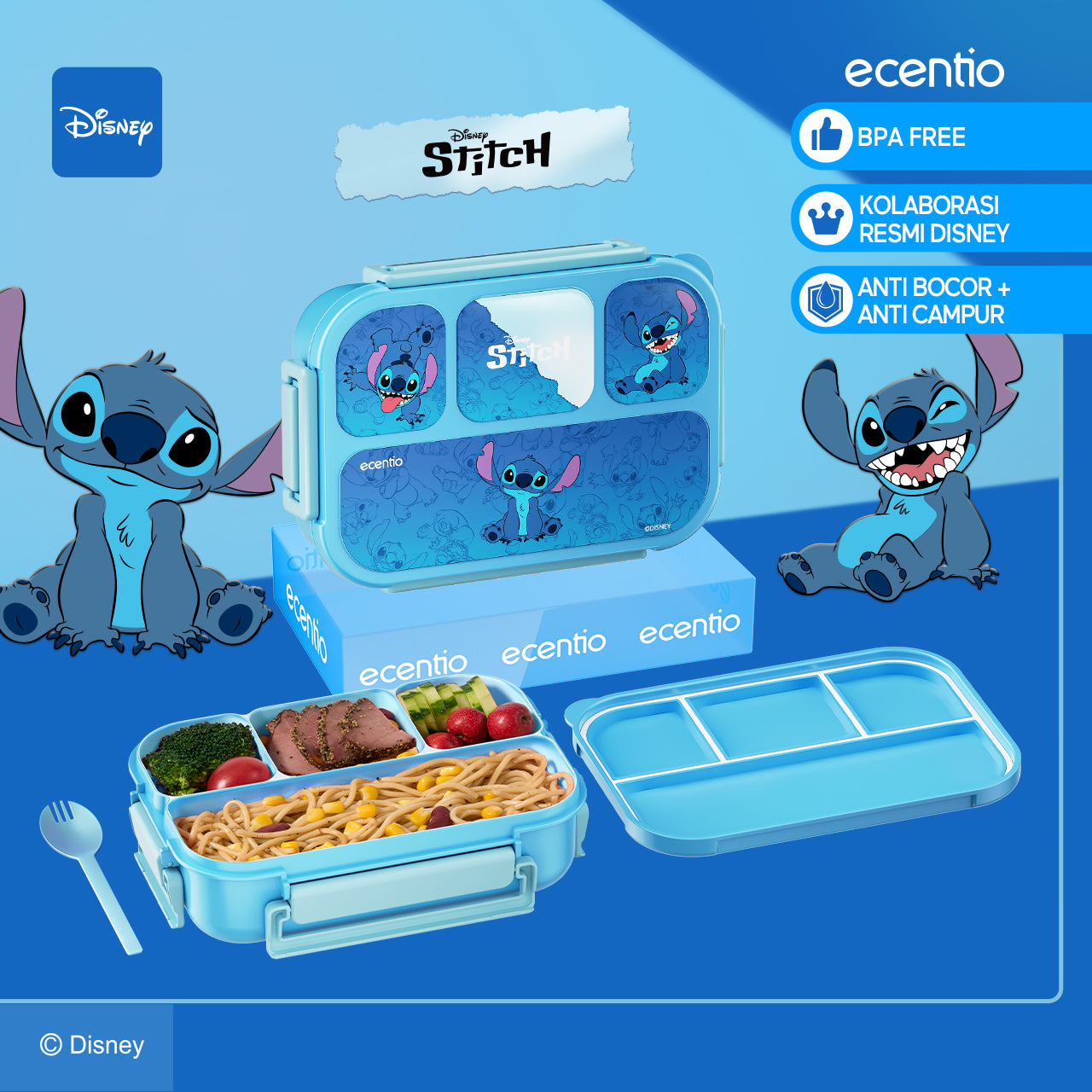 【Orignal】ecentiokids tempat makan anak Disney Stitch & Lotso lucu sekolah BPA free bayi anti tumpah lunch box
