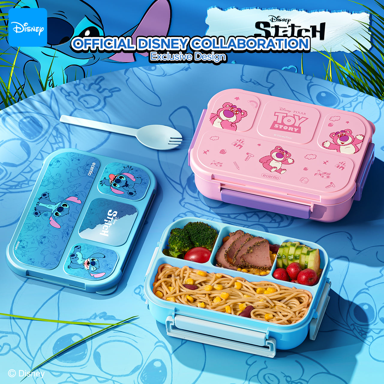 【Orignal】ecentiokids tempat makan anak Disney Stitch & Lotso lucu sekolah BPA free bayi anti tumpah lunch box