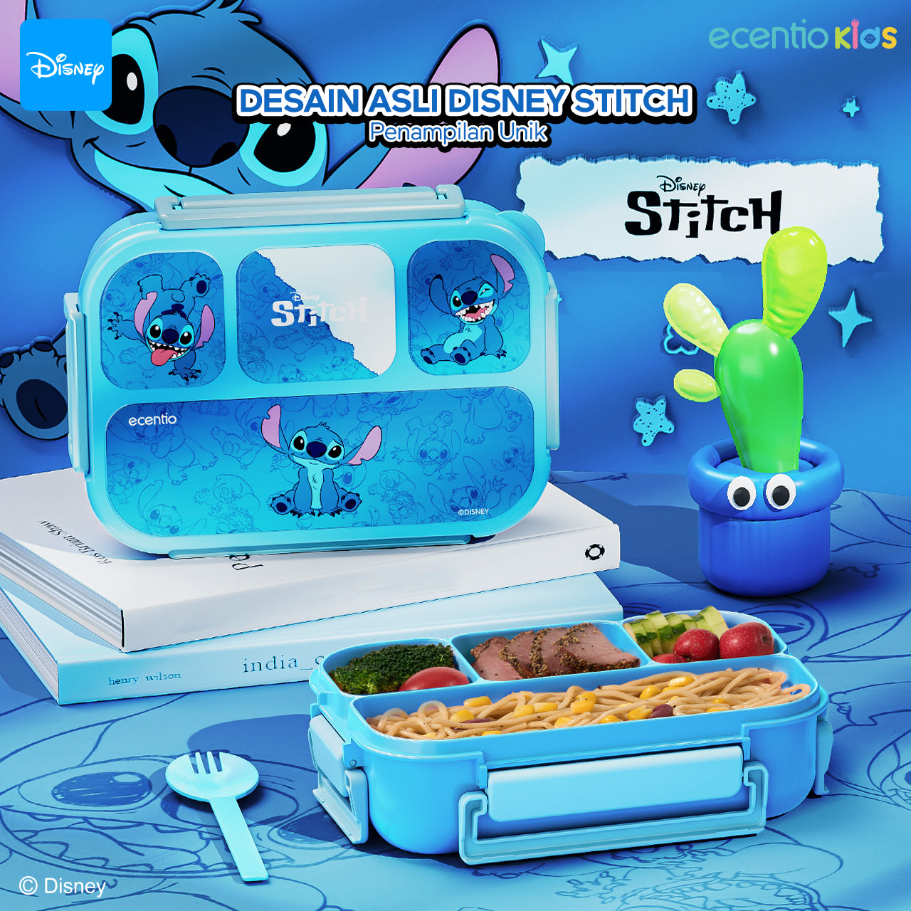 【Orignal】ecentiokids tempat makan anak Disney Stitch & Lotso lucu sekolah BPA free bayi anti tumpah lunch box