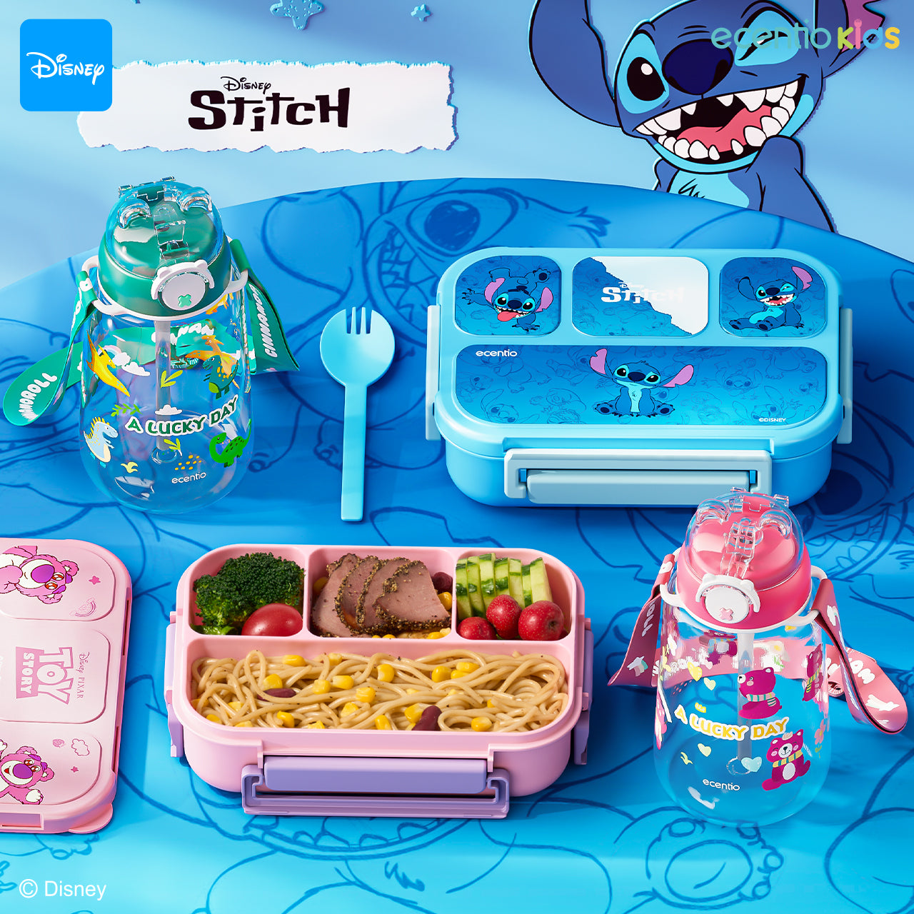 【Orignal】ecentiokids tempat makan anak Disney Stitch & Lotso lucu sekolah BPA free bayi anti tumpah lunch box
