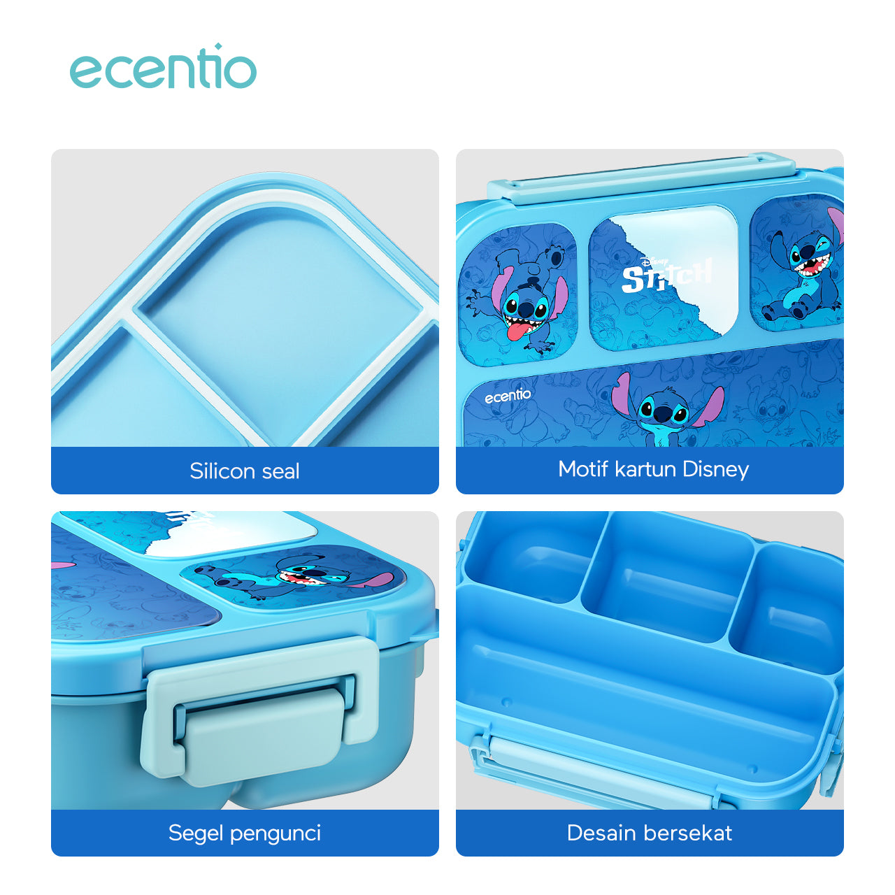【Orignal】ecentiokids tempat makan anak Disney Stitch & Lotso lucu sekolah BPA free bayi anti tumpah lunch box