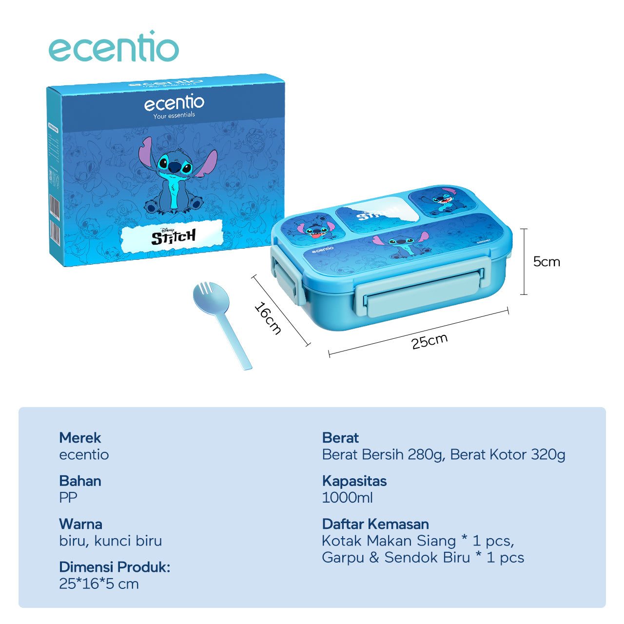【Orignal】ecentiokids tempat makan anak Disney Stitch & Lotso lucu sekolah BPA free bayi anti tumpah lunch box