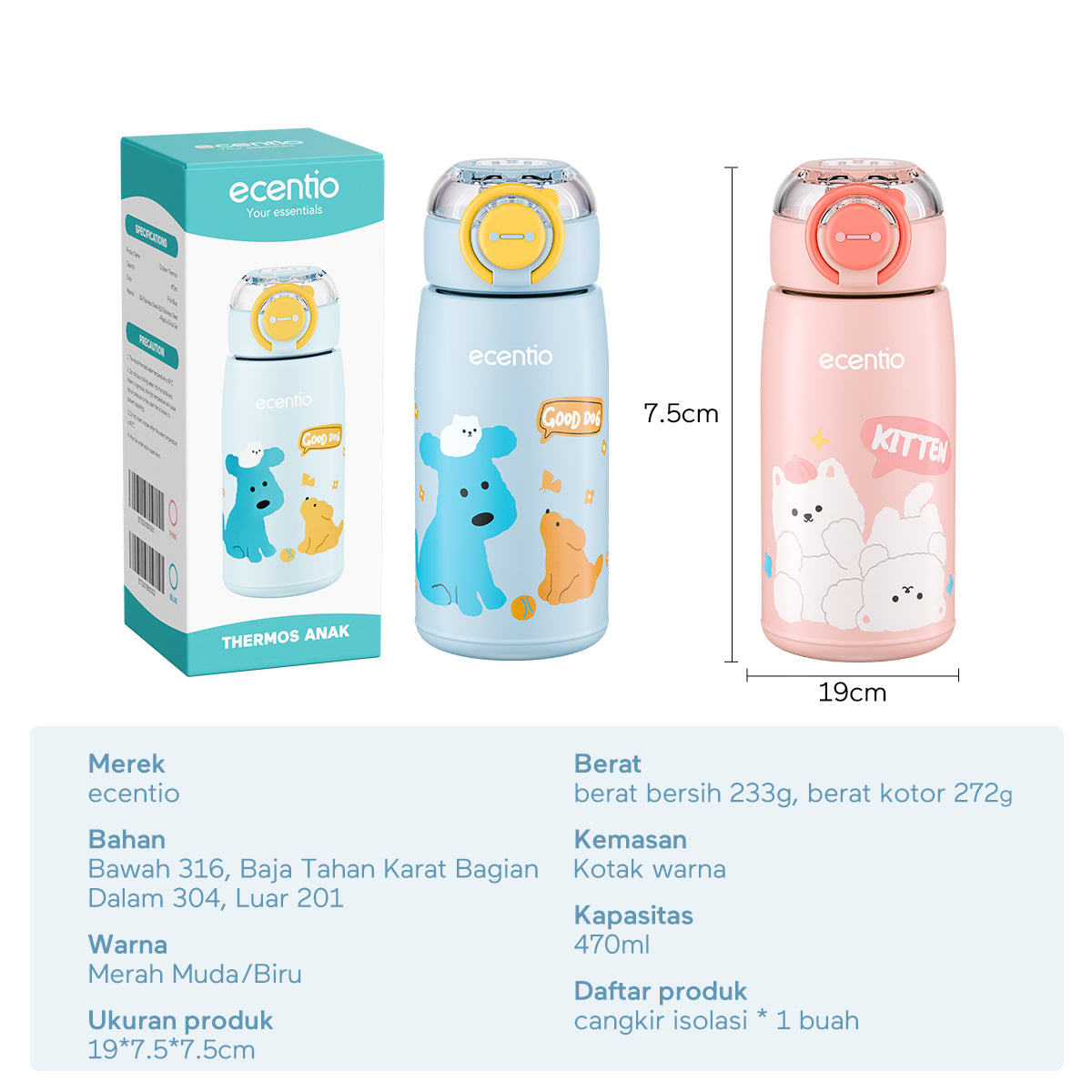 ecentio Botol Minum Termos Stainless Anak 470ml Sedotan Vacuum - ecentio