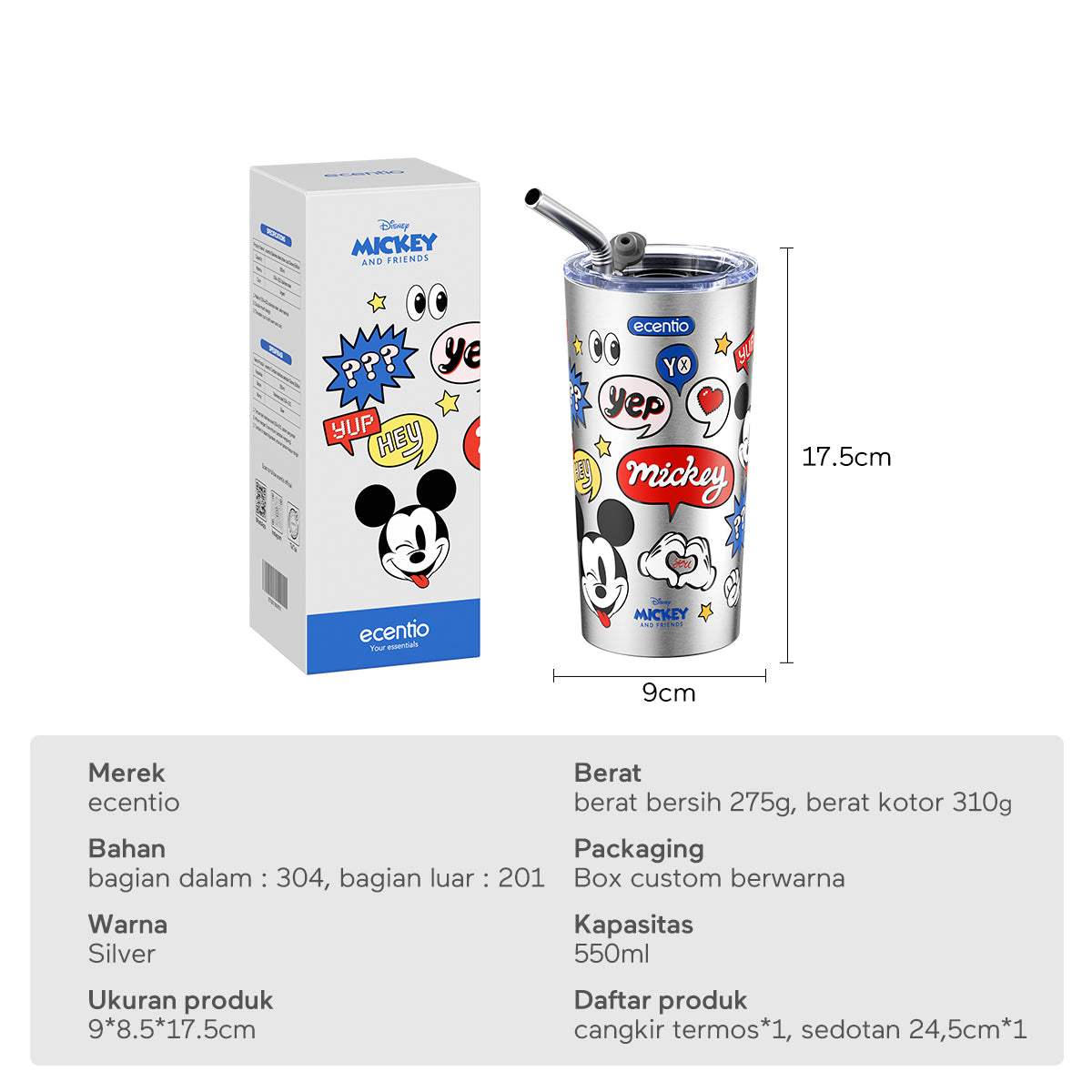 ecentio Disney Tumbler stainless Mug copi Cangkir botol minum 550ml