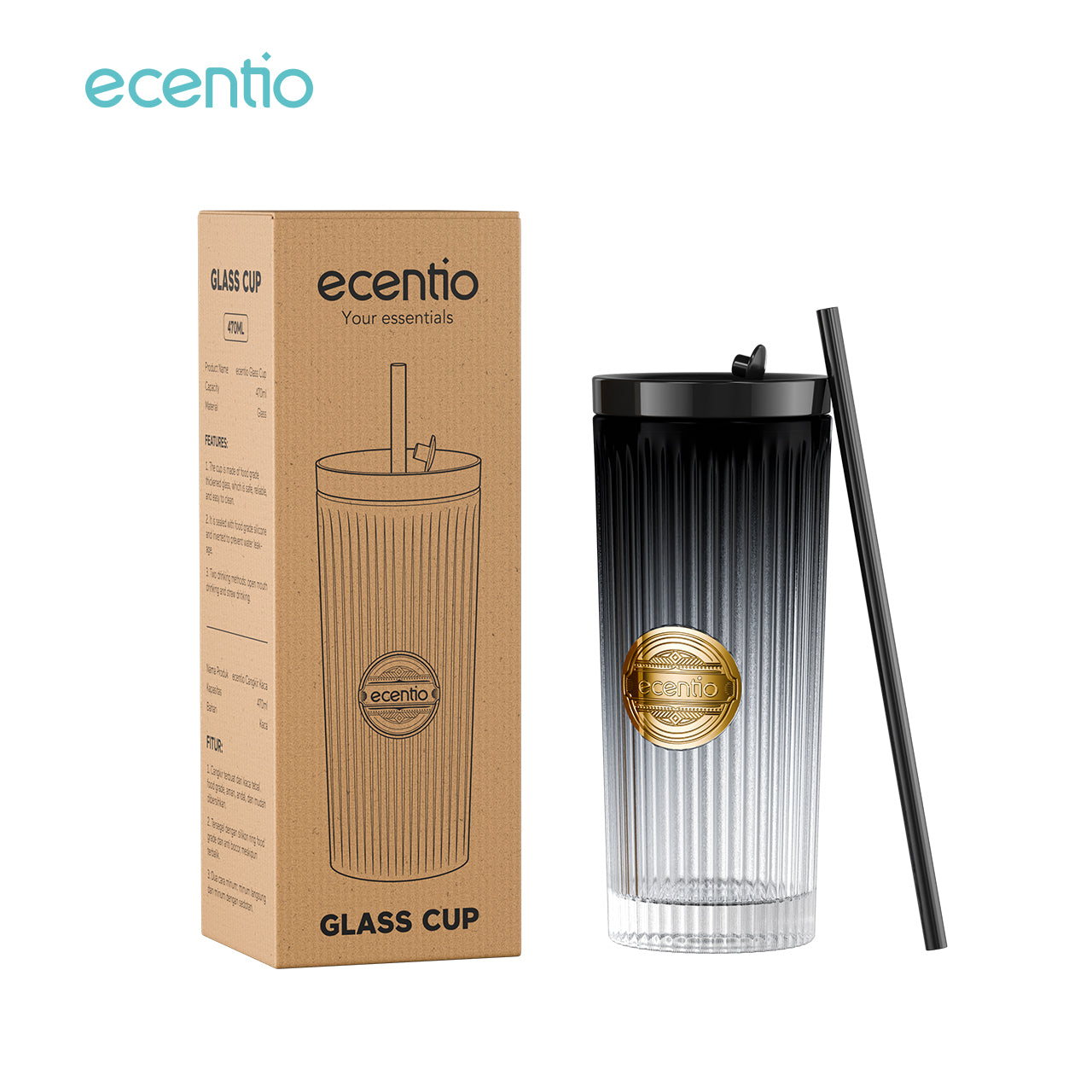 ecentio tumbler kaca sedotan 470ml botol minum aesthetic korea gelas kaca