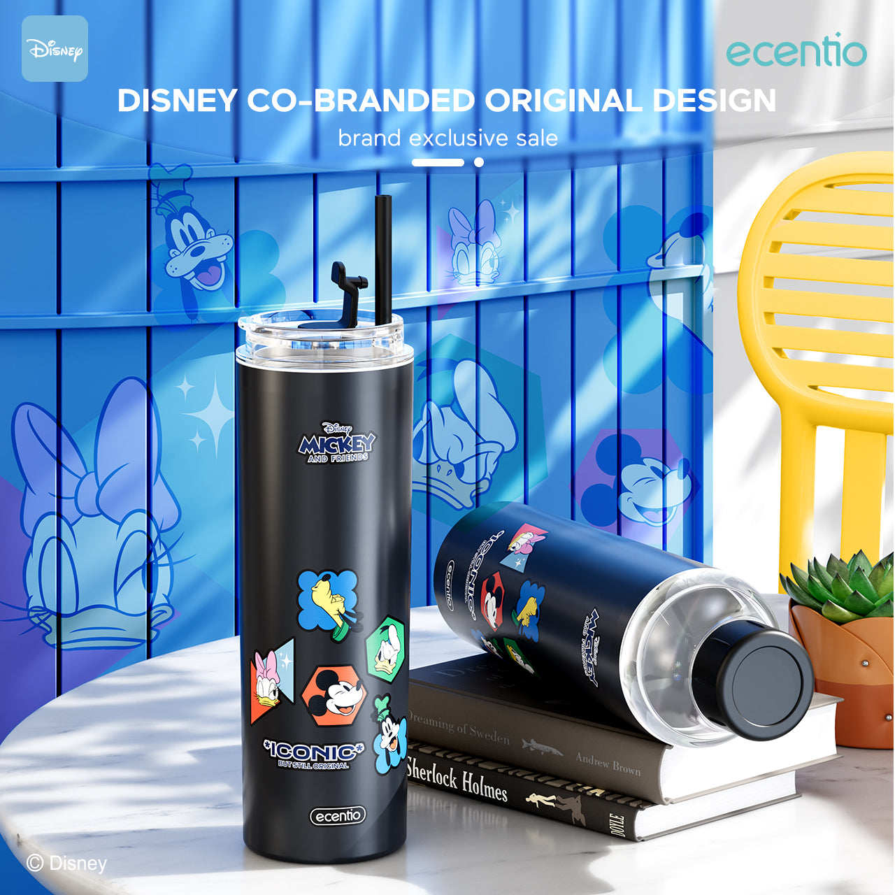 【Original】ecentio 600ml 304 Stainless Steel botol minum Tutup Ganda Disney Micky hitam
